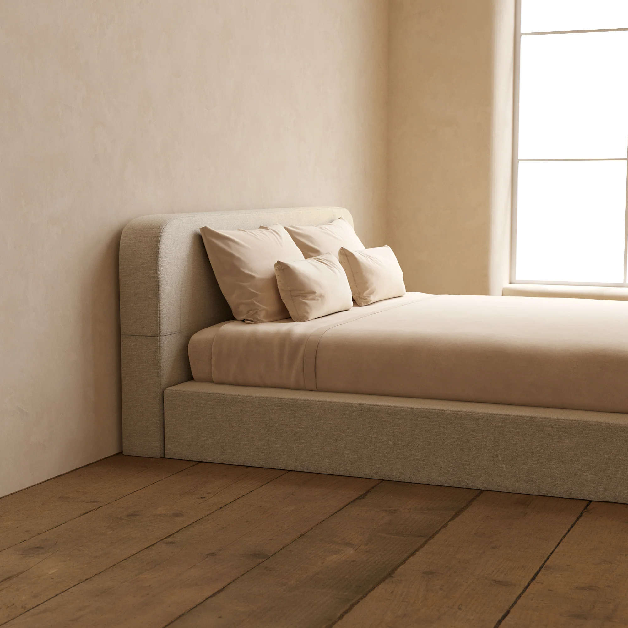 King Upholstered Platform Bed + Headboard | Blended Weave in Oat - Image 7
