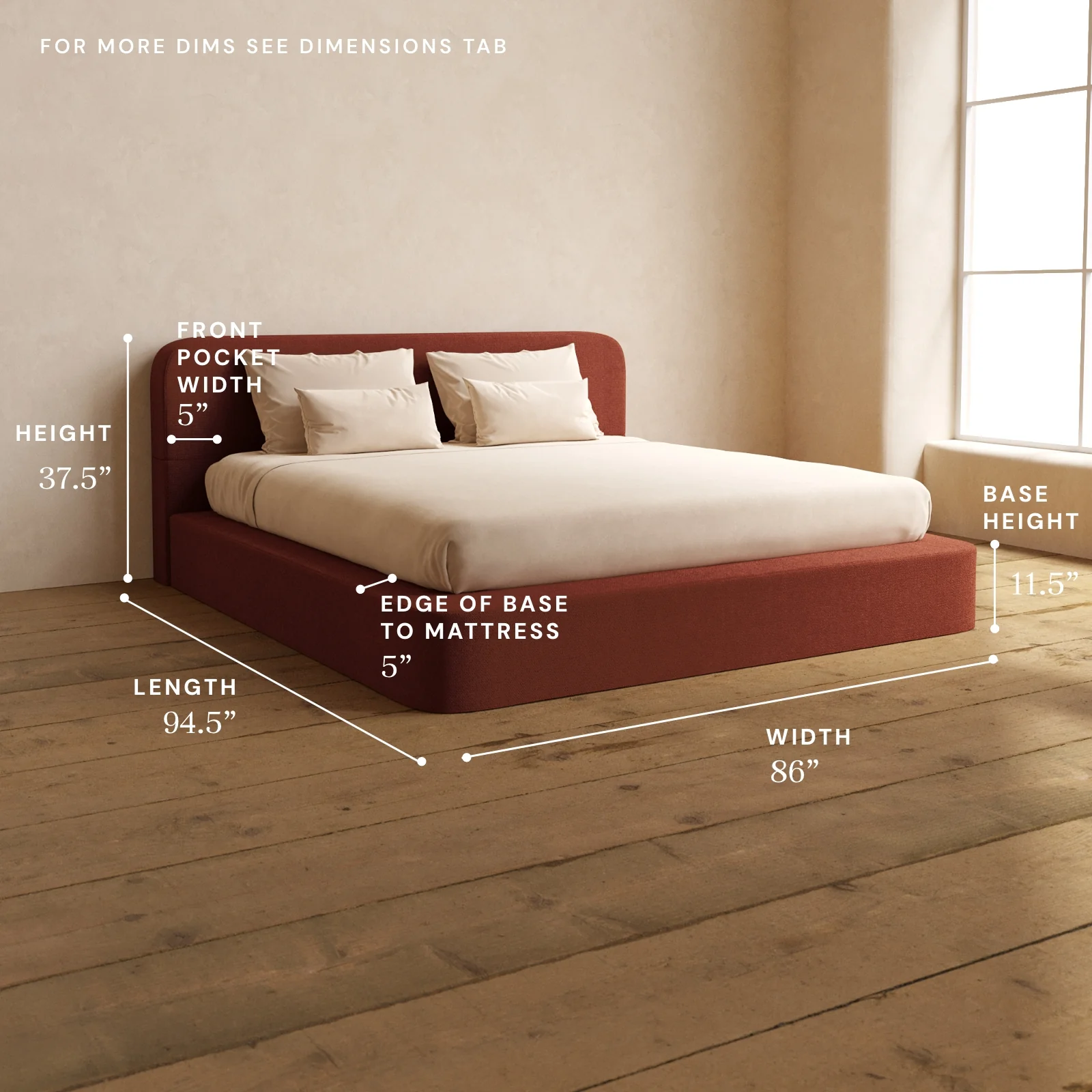 King Upholstered Platform Bed + Headboard | Knit Velvet in Rust - Image 5