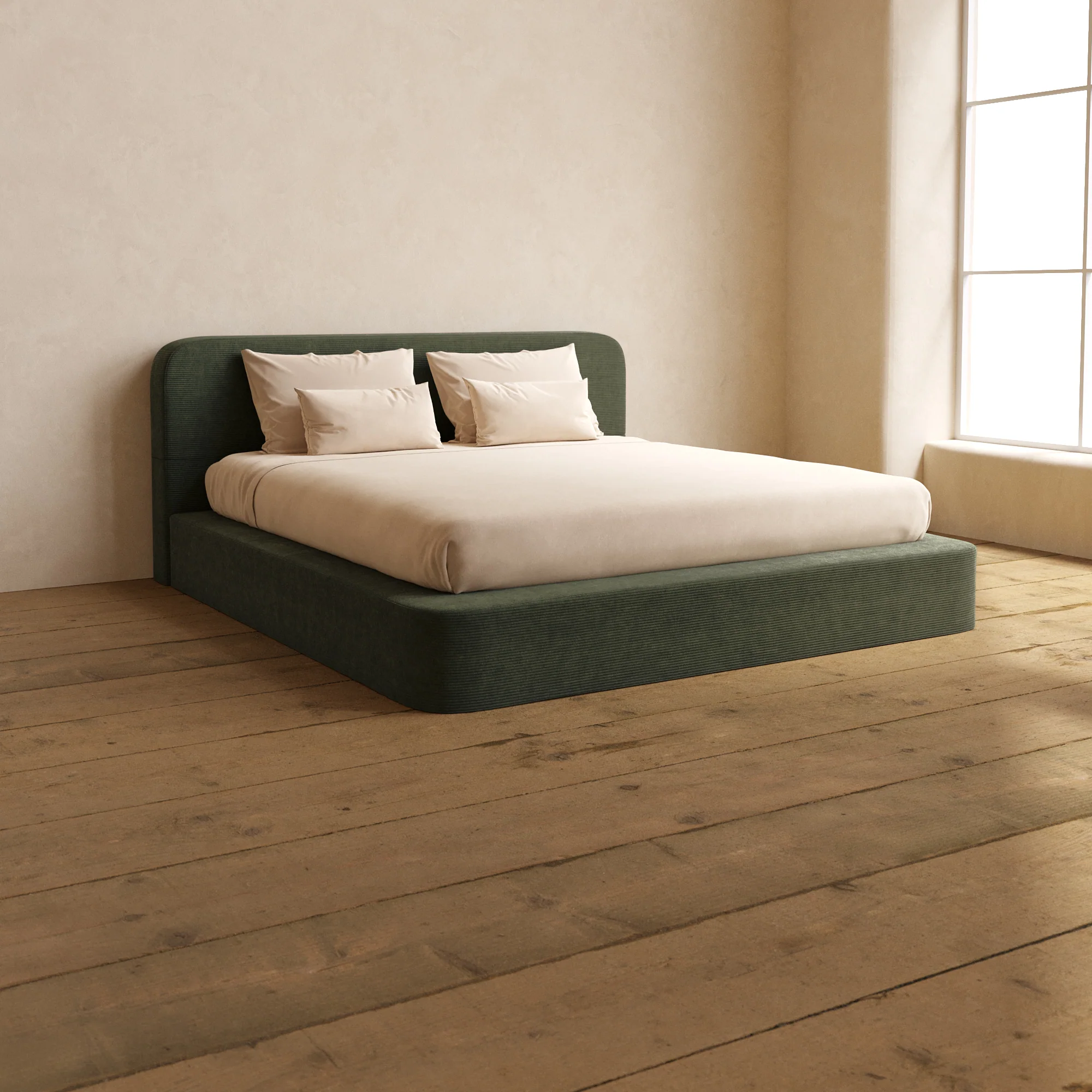 King Upholstered Platform Bed + Headboard | Luxe Corduroy in Olivine
