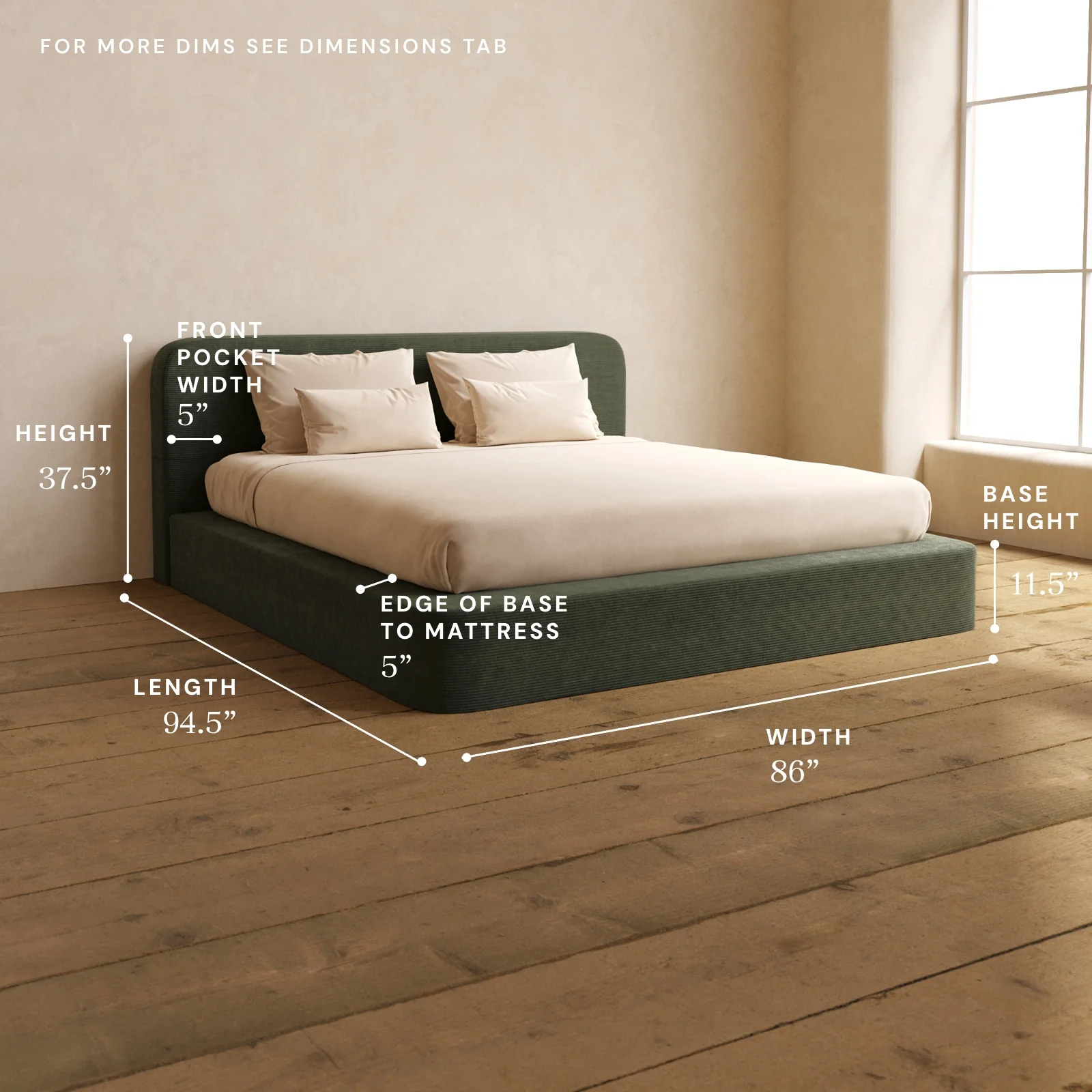 King Upholstered Platform Bed + Headboard | Luxe Corduroy in Olivine - Image 5