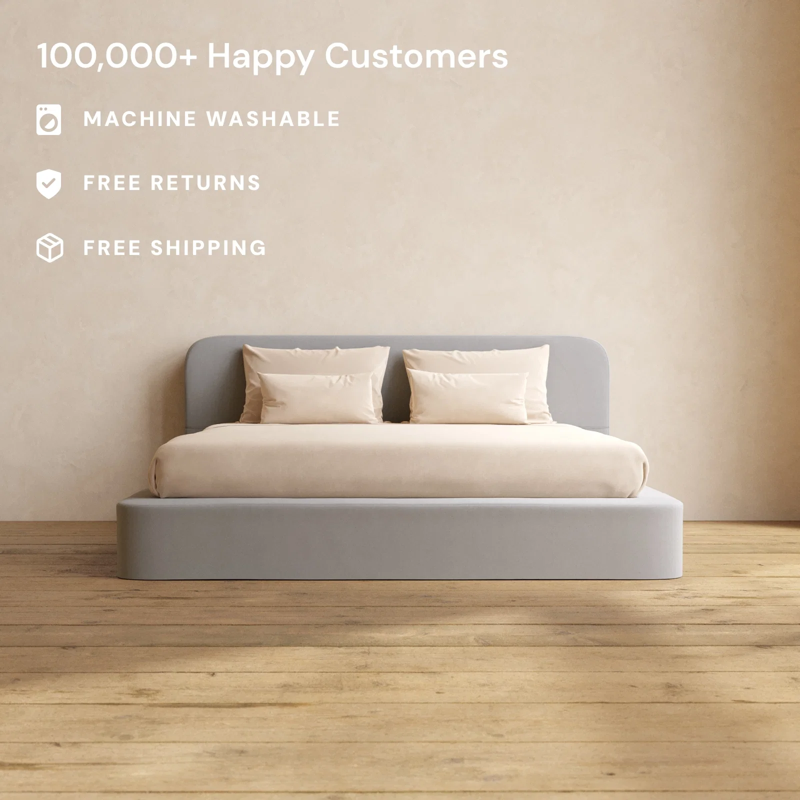 King Upholstered Platform Bed + Headboard | Micro Chenille in Pumice - Image 2