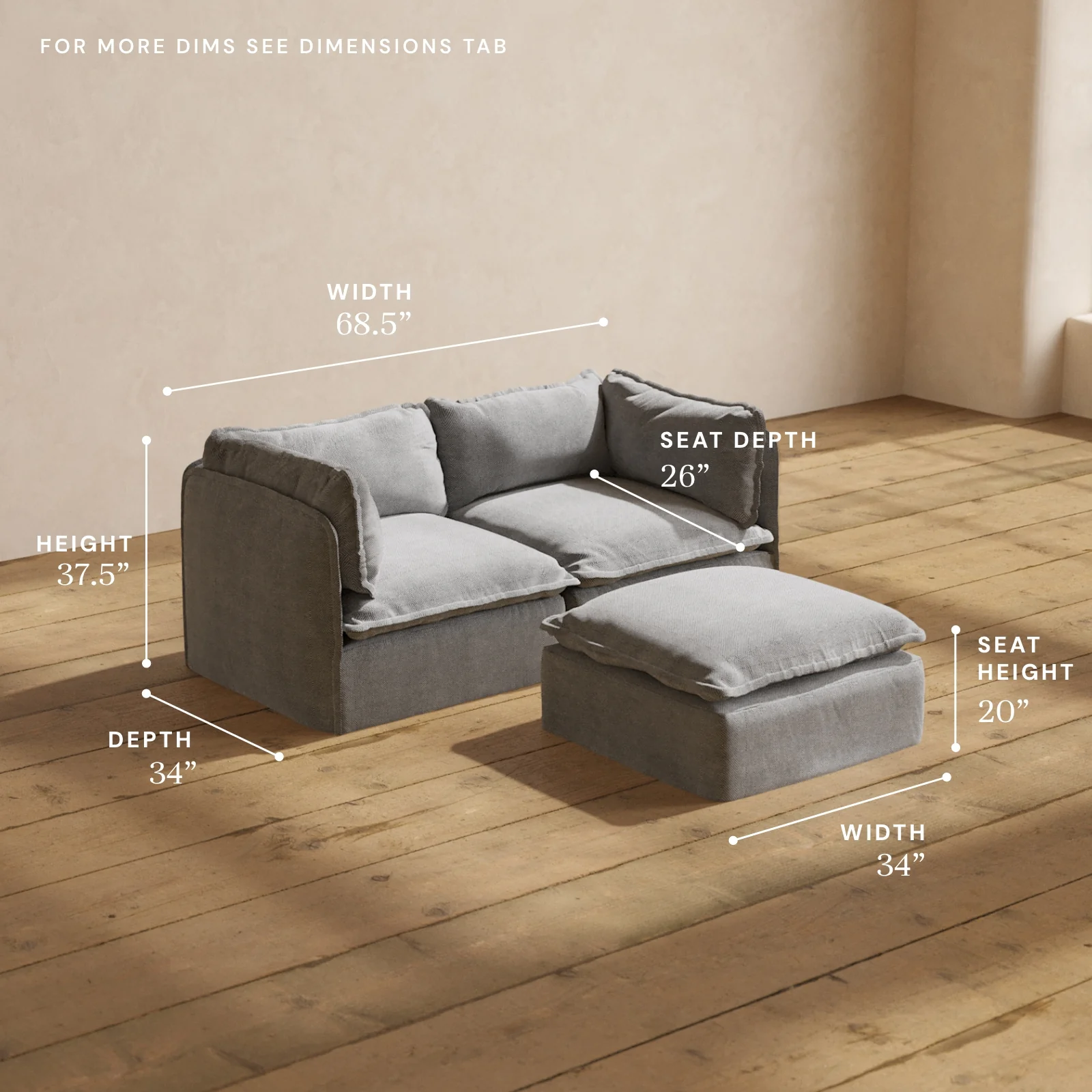 Modular Washable 2-Seater + Ottoman in Ash | Deluxe+ Seat | Cloud Pillow - Image 5