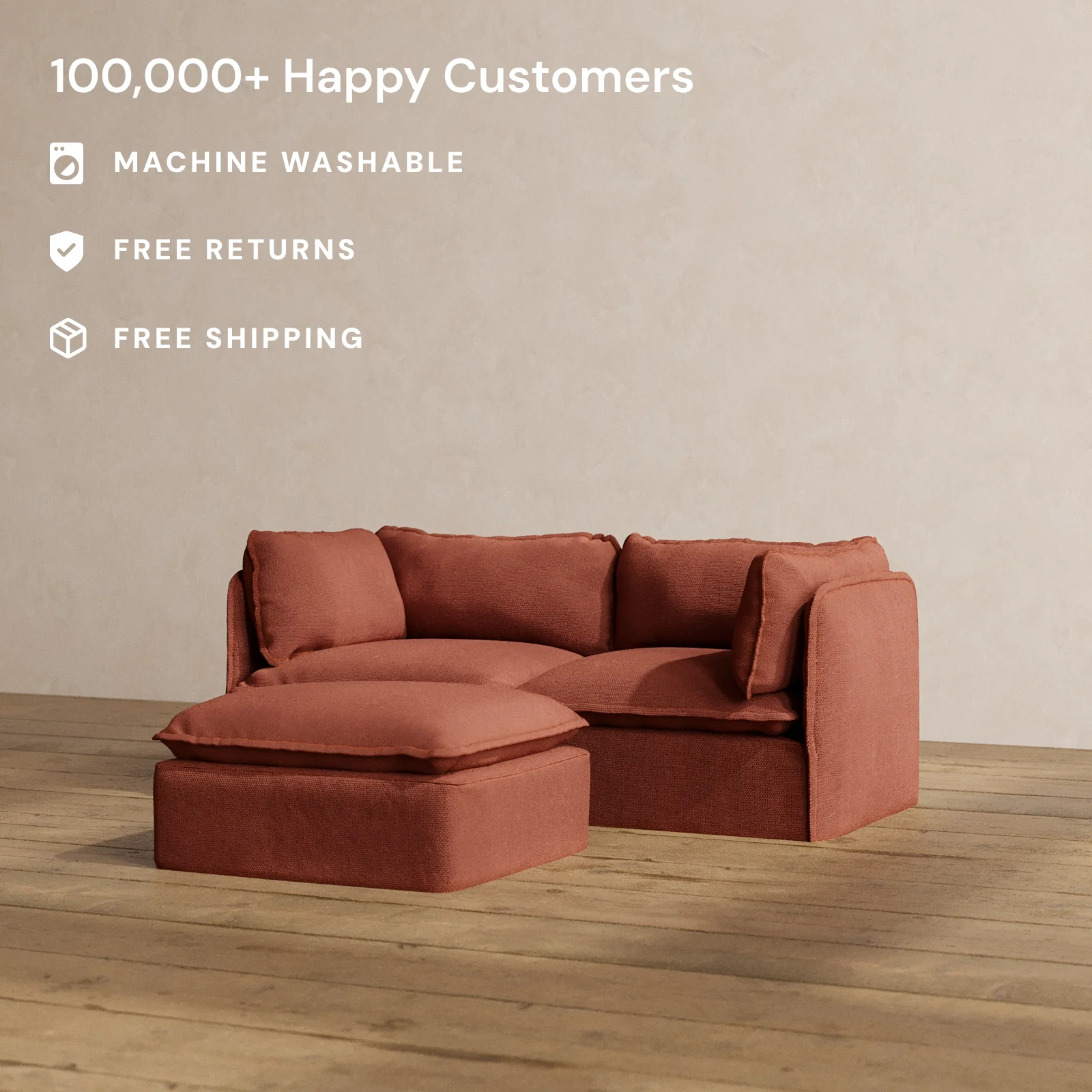 Modular Washable 2-Seater + Ottoman in Rust | Deluxe+ Seat | Cloud Pillow - Image 2