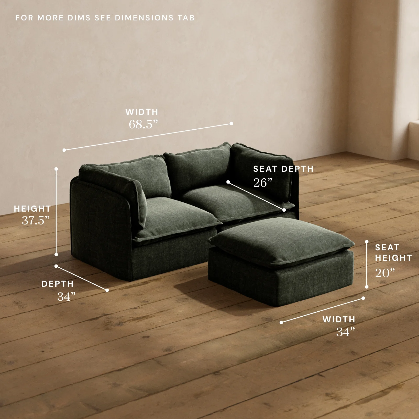 Modular Washable 2-Seater + Ottoman in Willow | Deluxe+ Seat | Cloud Pillow - Image 5