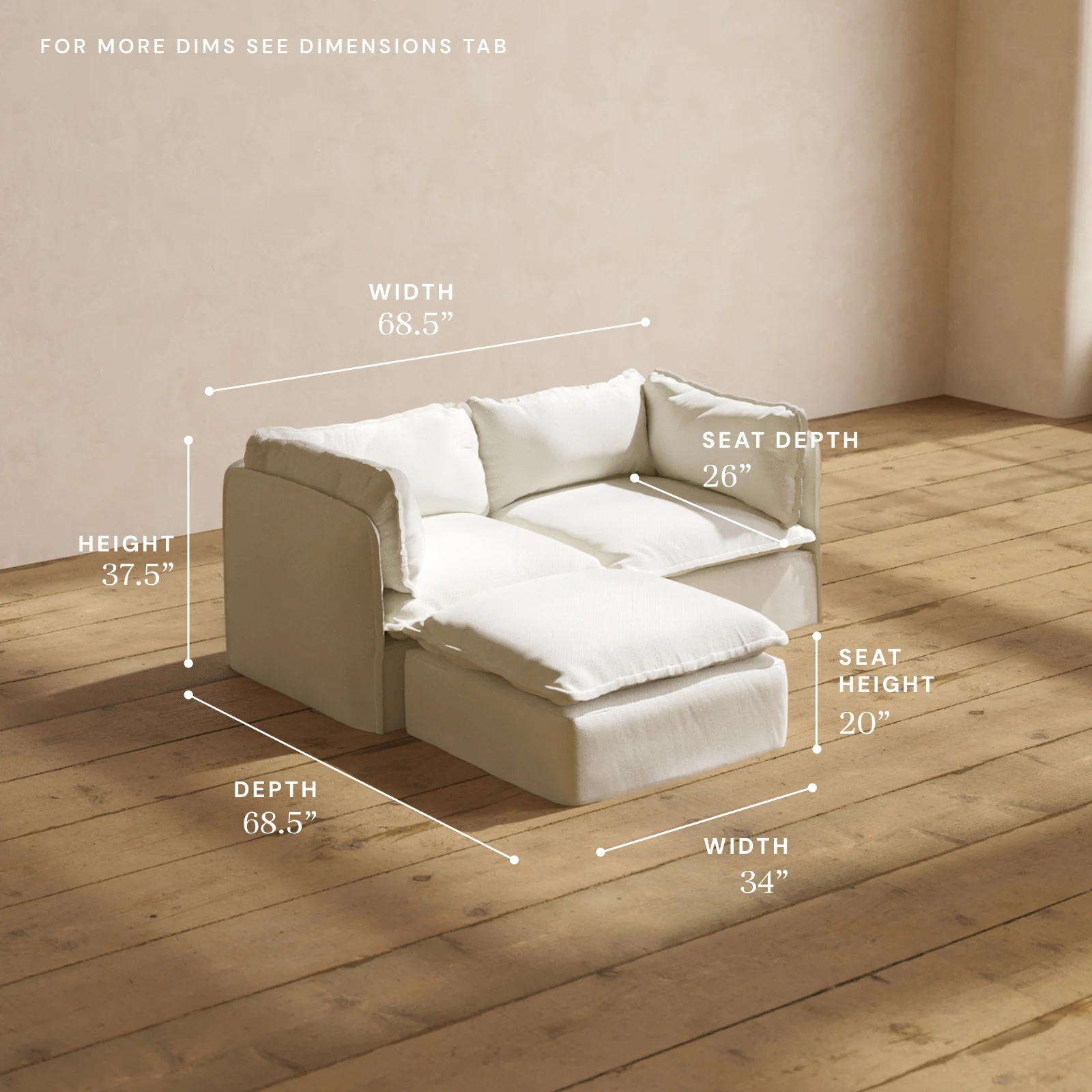 Modular Washable 2-Seater Sectional in Eggshell | Deluxe+ Seat | Cloud Pillow - Image 5