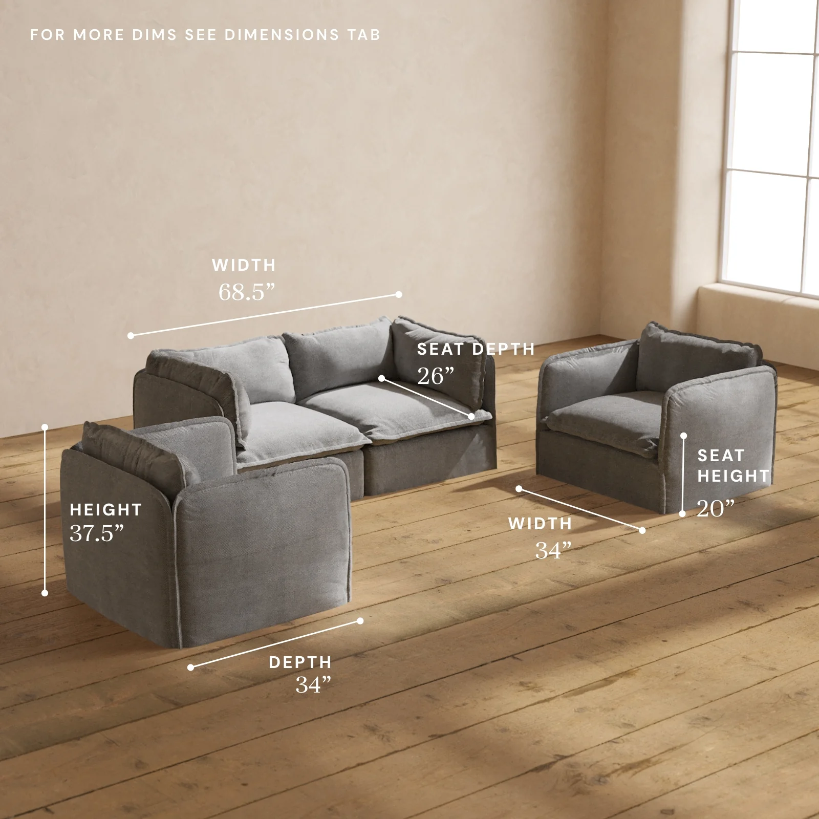 Modular Washable 2-Seater Sofa + Armchair Set in Ash | Memorix+ Seat | Contour Pillow - Image 5