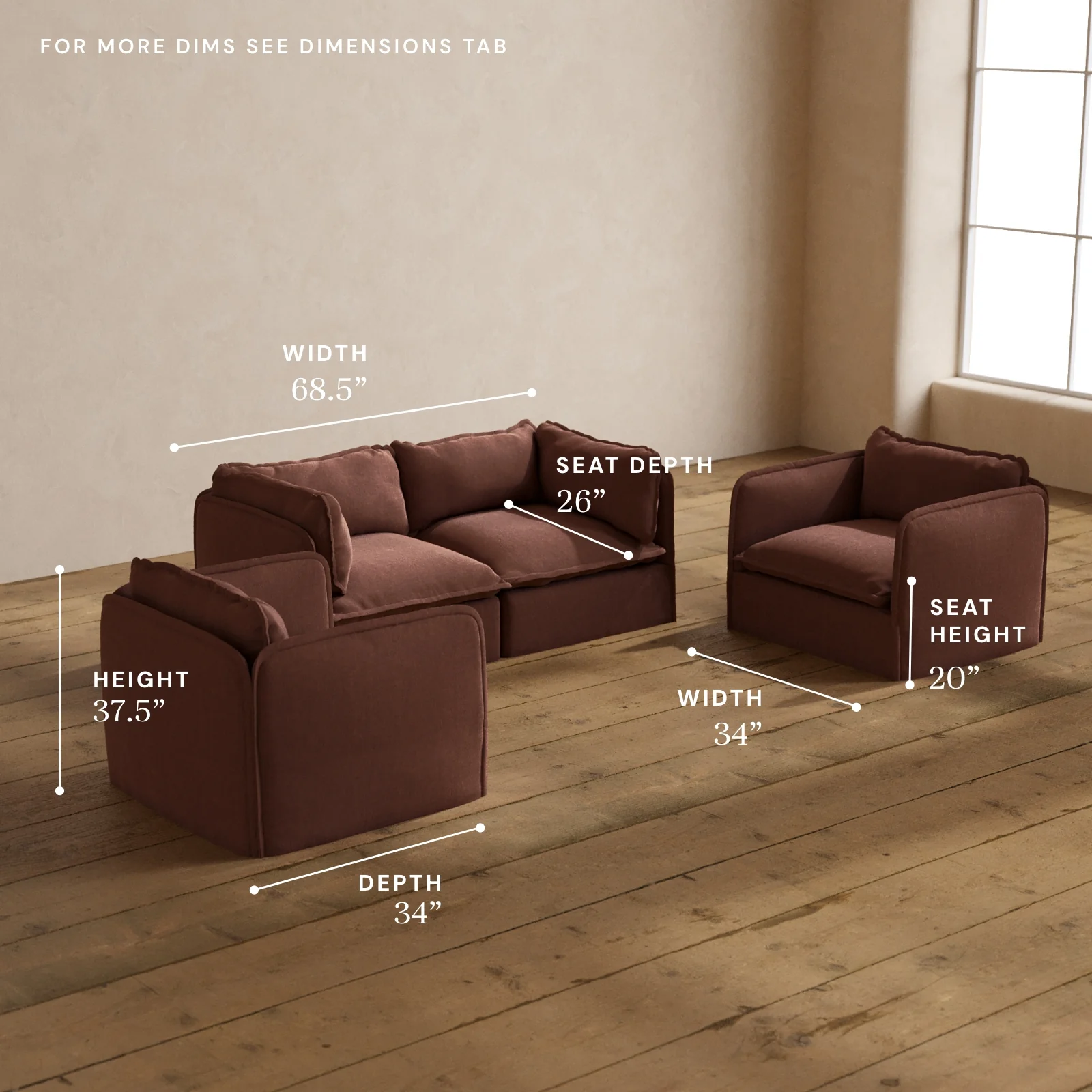 Modular Washable 2-Seater Sofa + Armchair Set in Chestnut | Memorix+ Seat | Contour Pillow - Image 5