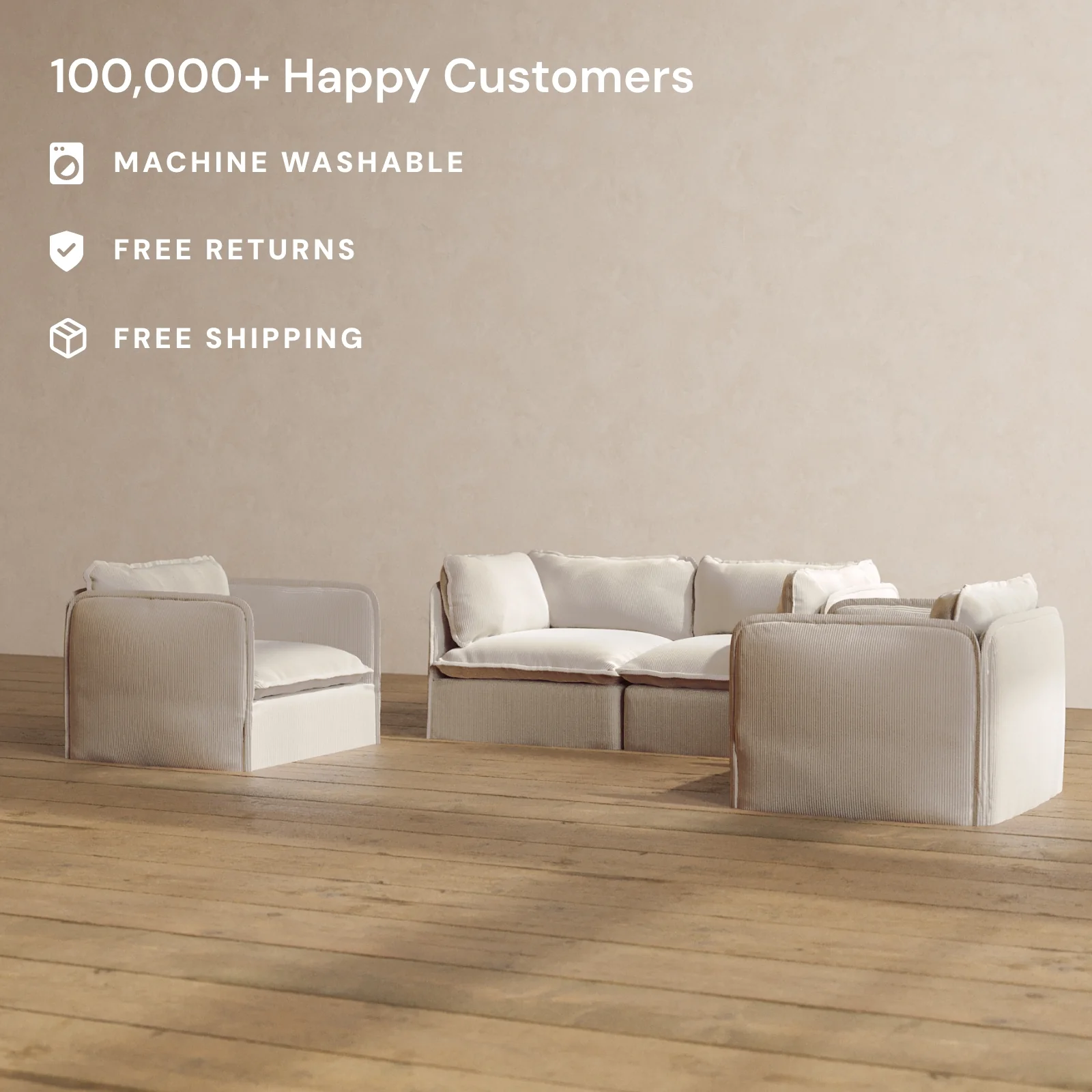 Modular Washable 2-Seater Sofa + Armchair Set in Milk | Deluxe+ Seat | Cloud Pillow - Image 2
