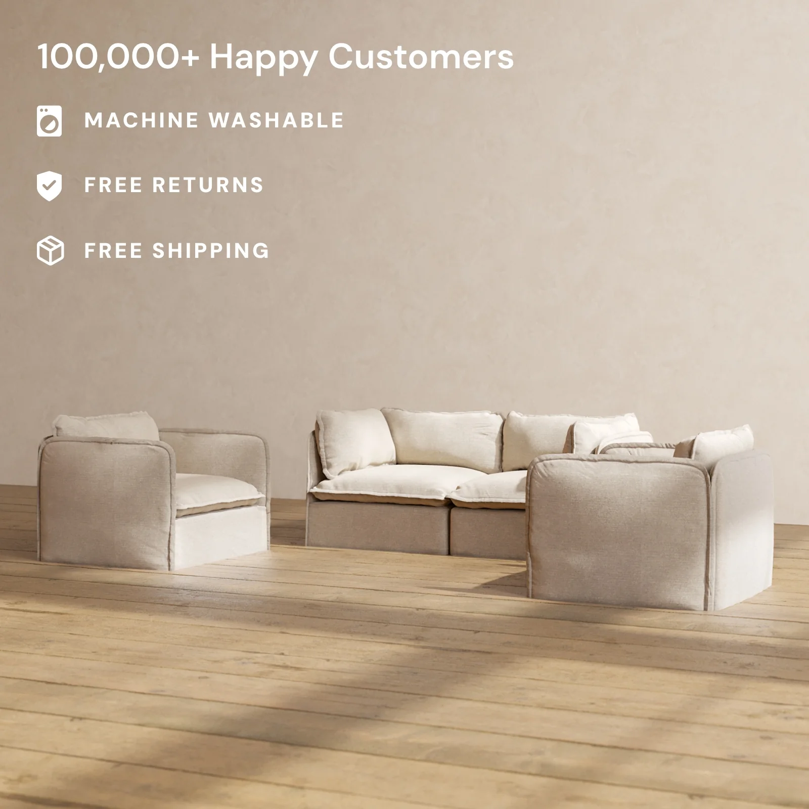 Modular Washable 2-Seater Sofa + Armchair Set in Oat | Memorix+ Seat | Contour Pillow - Image 2