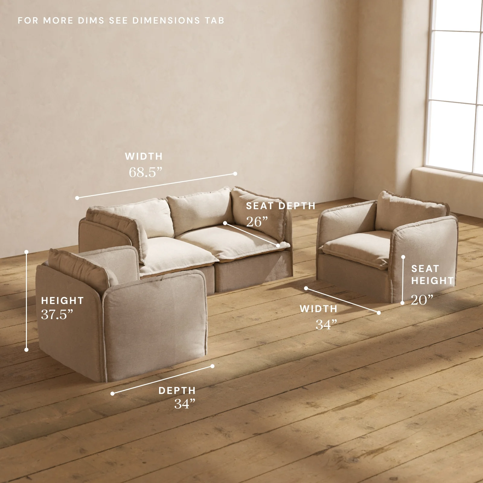 Modular Washable 2-Seater Sofa + Armchair Set in Oat | Memorix+ Seat | Contour Pillow - Image 5