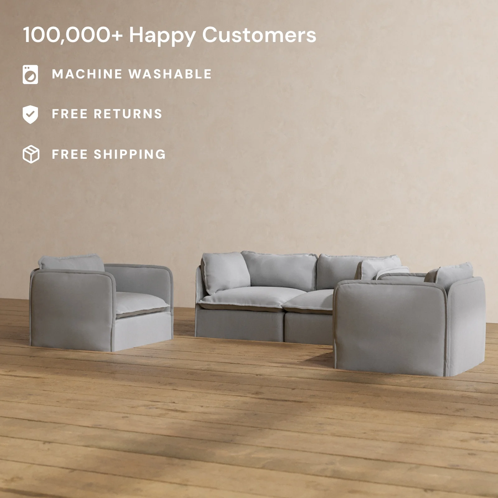Modular Washable 2-Seater Sofa + Armchair Set in Pumice | Memorix+ Seat | Contour Pillow - Image 2