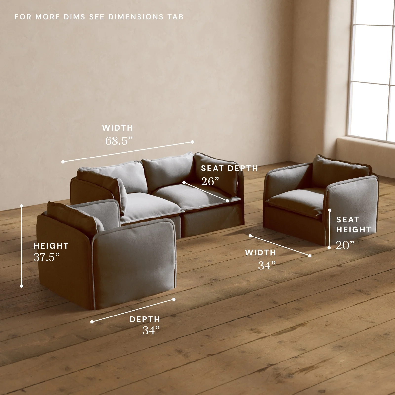 Modular Washable 2-Seater Sofa + Armchair Set in Pumice | Memorix+ Seat | Contour Pillow - Image 5