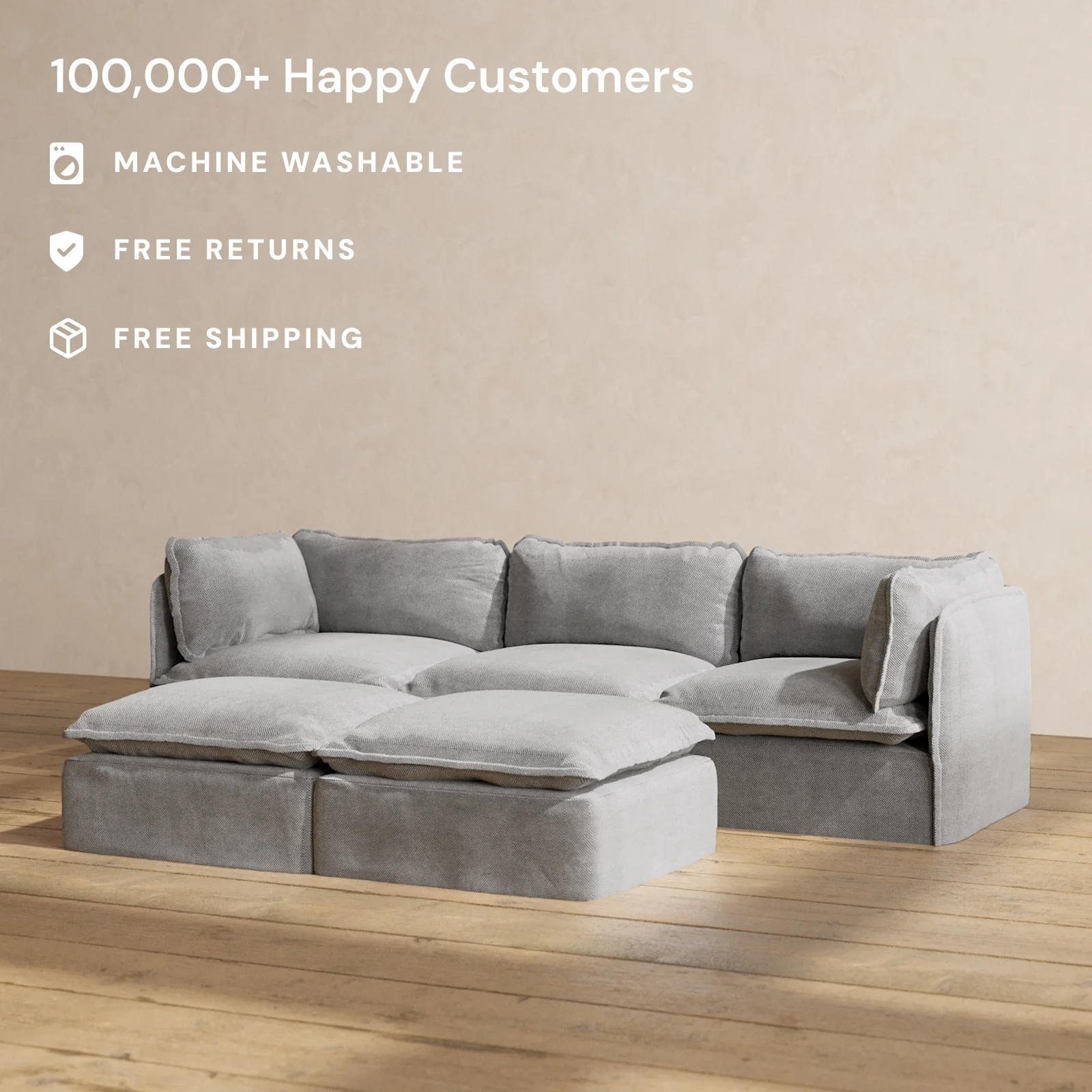 Modular Washable 3-Seater + Bench Ottoman in Ash | Memorix+ Seat | Contour Pillow - Image 2