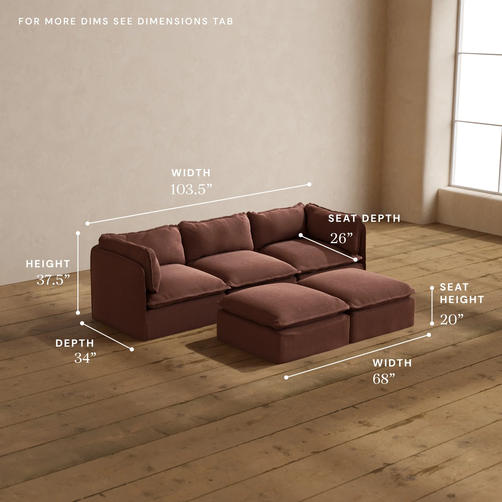 Modular Washable 3-Seater + Bench Ottoman in Chestnut | Deluxe+ Seat | Cloud Pillow - Image 5