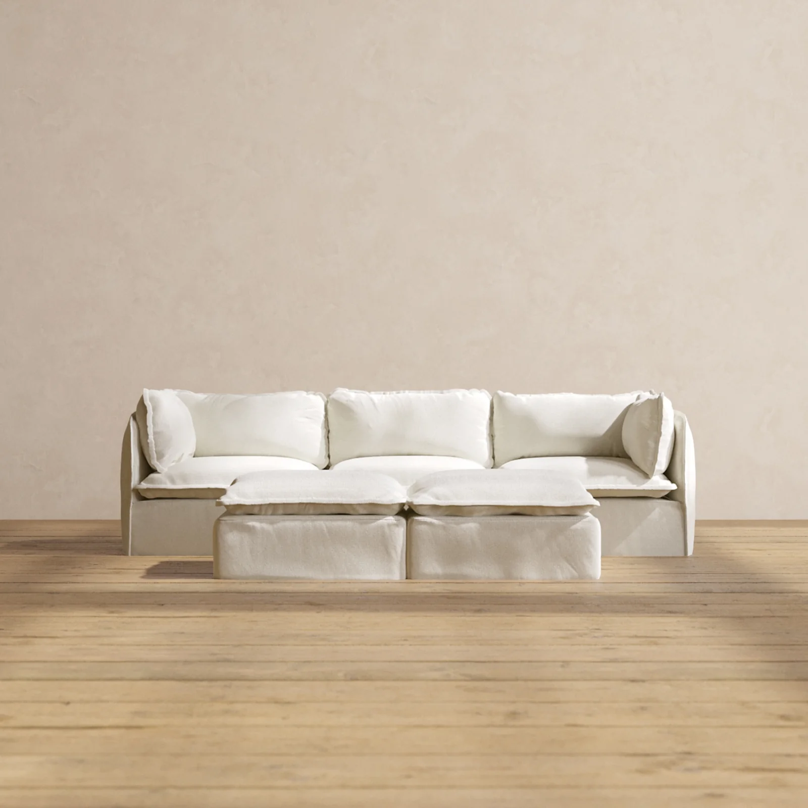 Modular Washable 3-Seater + Bench Ottoman in Eggshell | Deluxe+ Seat | Cloud Pillow