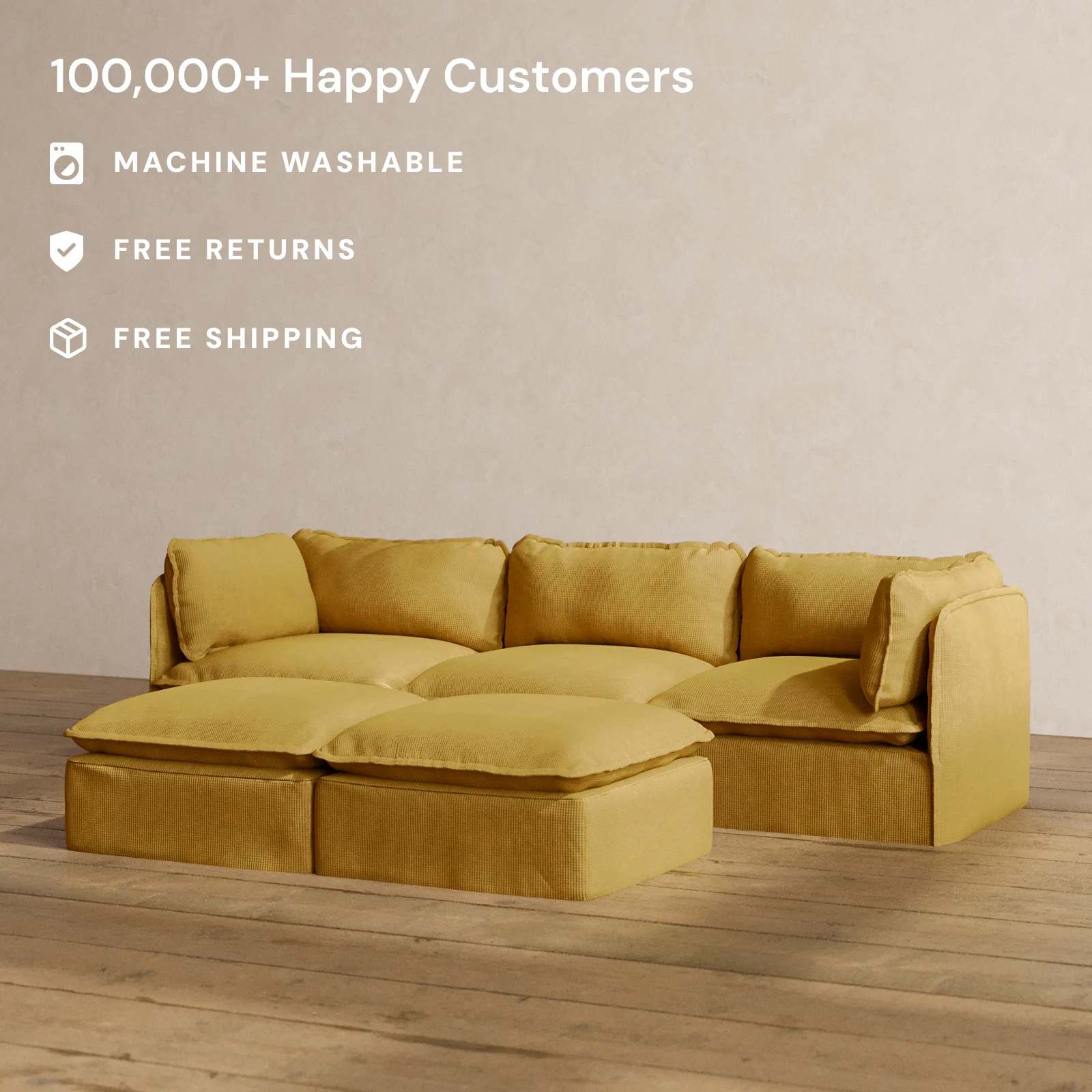 Modular Washable 3-Seater + Bench Ottoman in Kiiro | Deluxe+ Seat | Cloud Pillow - Image 2