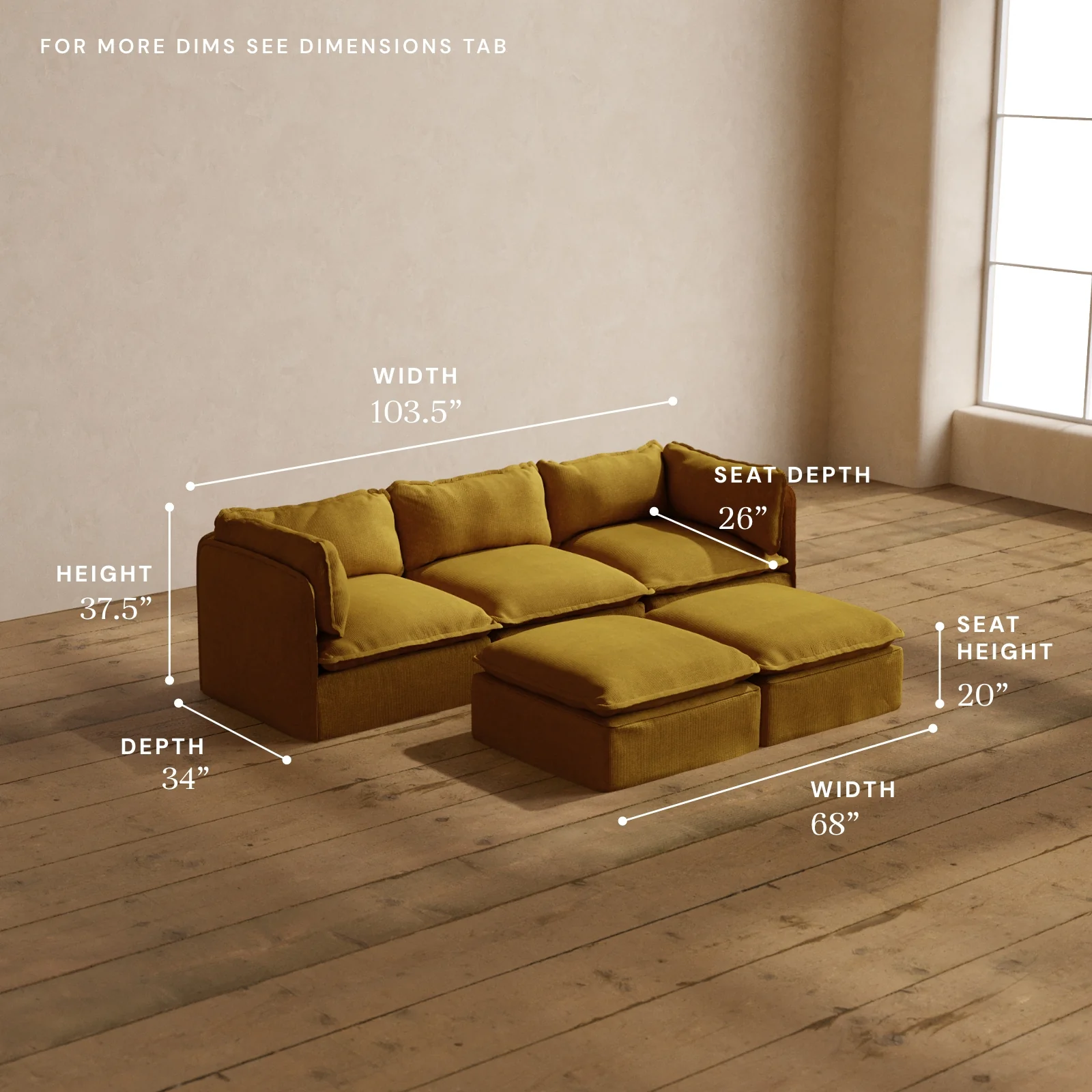 Modular Washable 3-Seater + Bench Ottoman in Kiiro | Deluxe+ Seat | Cloud Pillow - Image 5