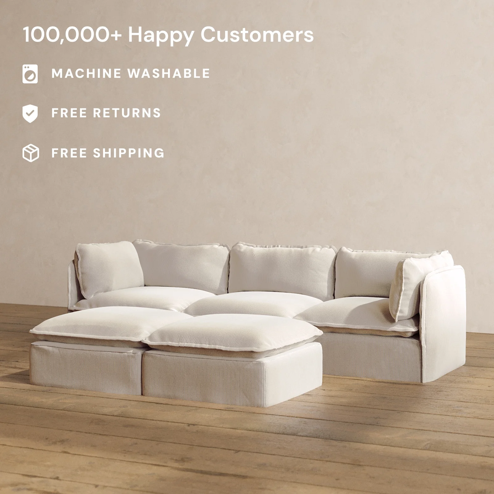 Modular Washable 3-Seater + Bench Ottoman in Milk | Memorix+ Seat | Contour Pillow - Image 2