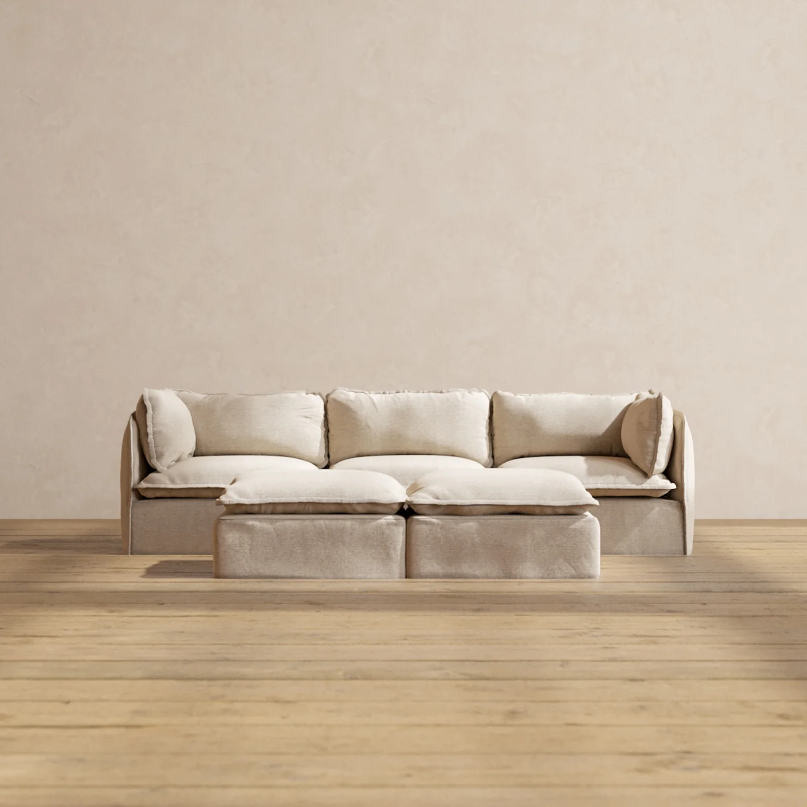 Modular Washable 3-Seater + Bench Ottoman in Oat | Memorix+ Seat | Contour Pillow