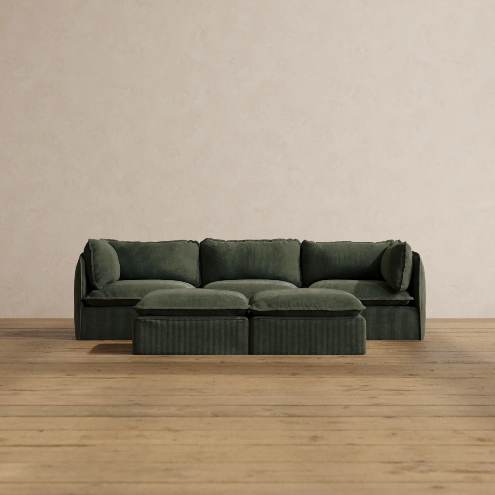 Modular Washable 3-Seater + Bench Ottoman in Olivine | Memorix+ Seat | Contour Pillow