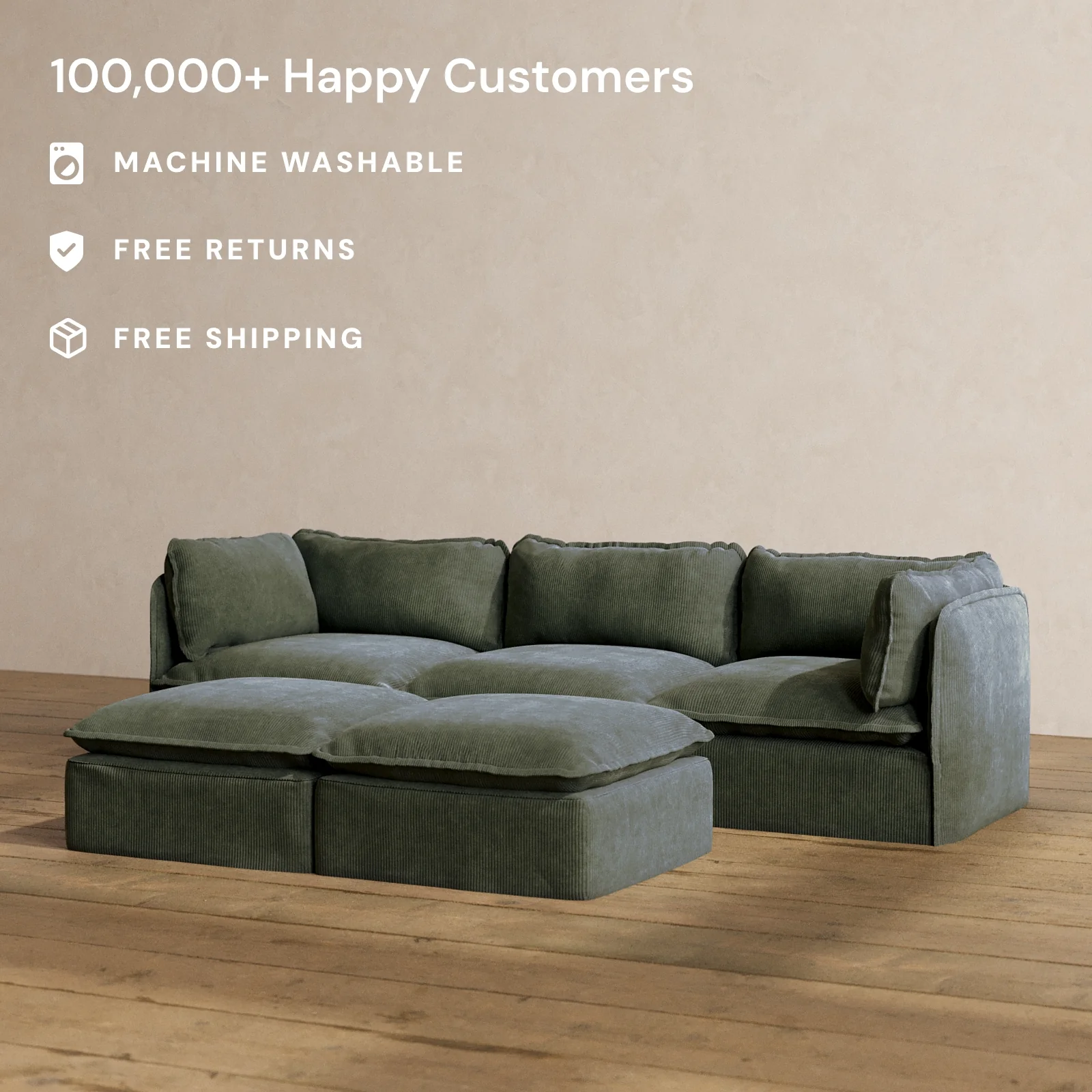 Modular Washable 3-Seater + Bench Ottoman in Olivine | Memorix+ Seat | Contour Pillow - Image 2
