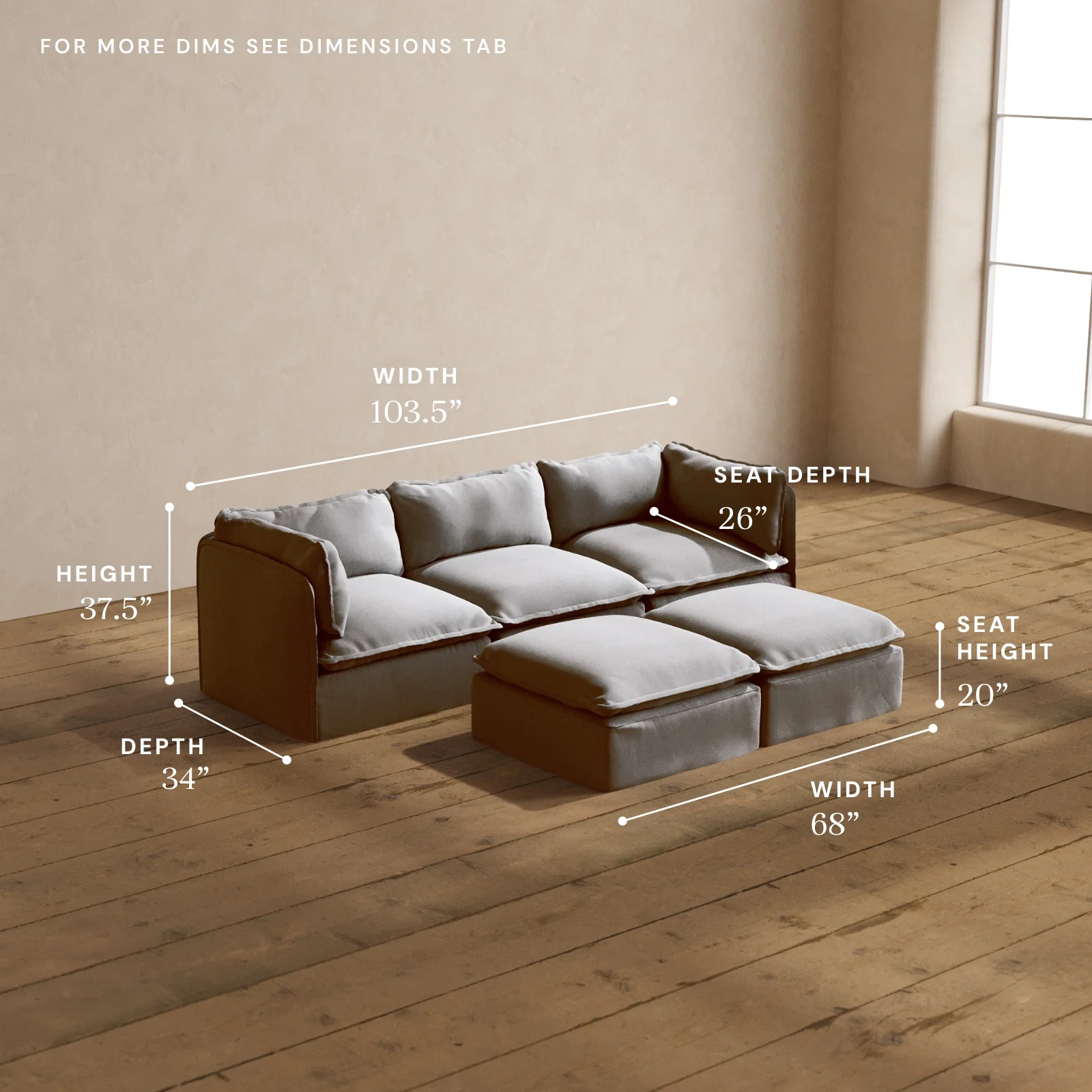 Modular Washable 3-Seater + Bench Ottoman in Pumice | Memorix+ Seat | Contour Pillow - Image 5
