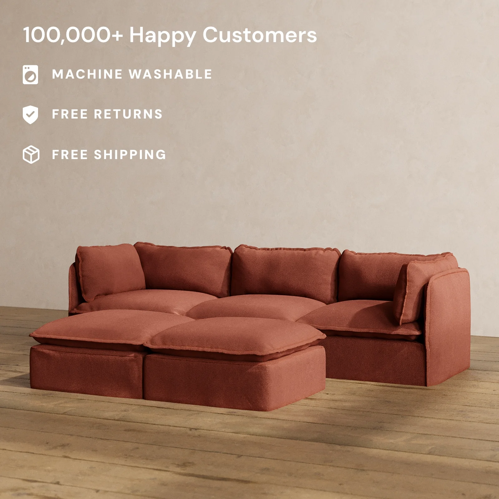Modular Washable 3-Seater + Bench Ottoman in Rust | Deluxe+ Seat | Cloud Pillow - Image 2