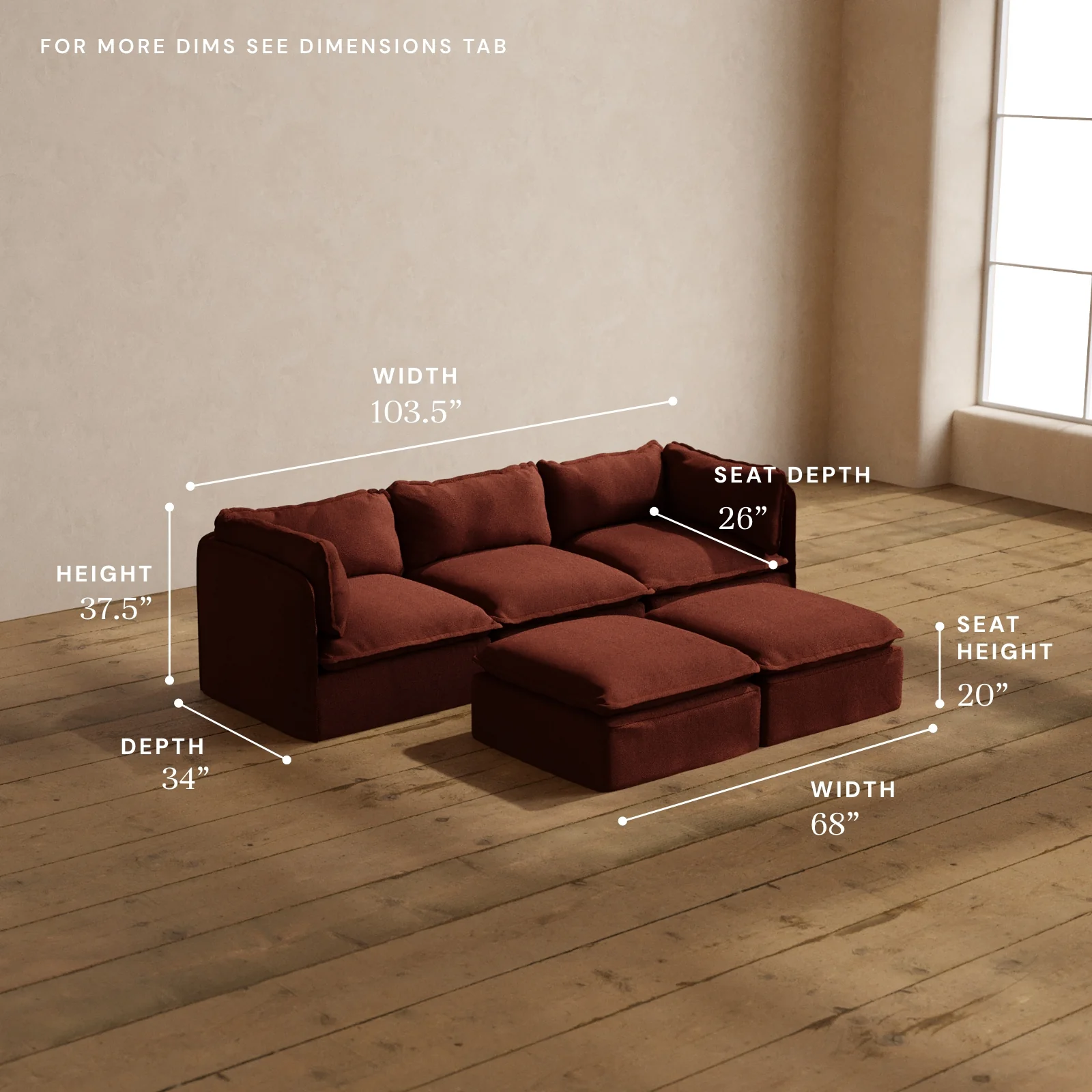 Modular Washable 3-Seater + Bench Ottoman in Rust | Deluxe+ Seat | Cloud Pillow - Image 5