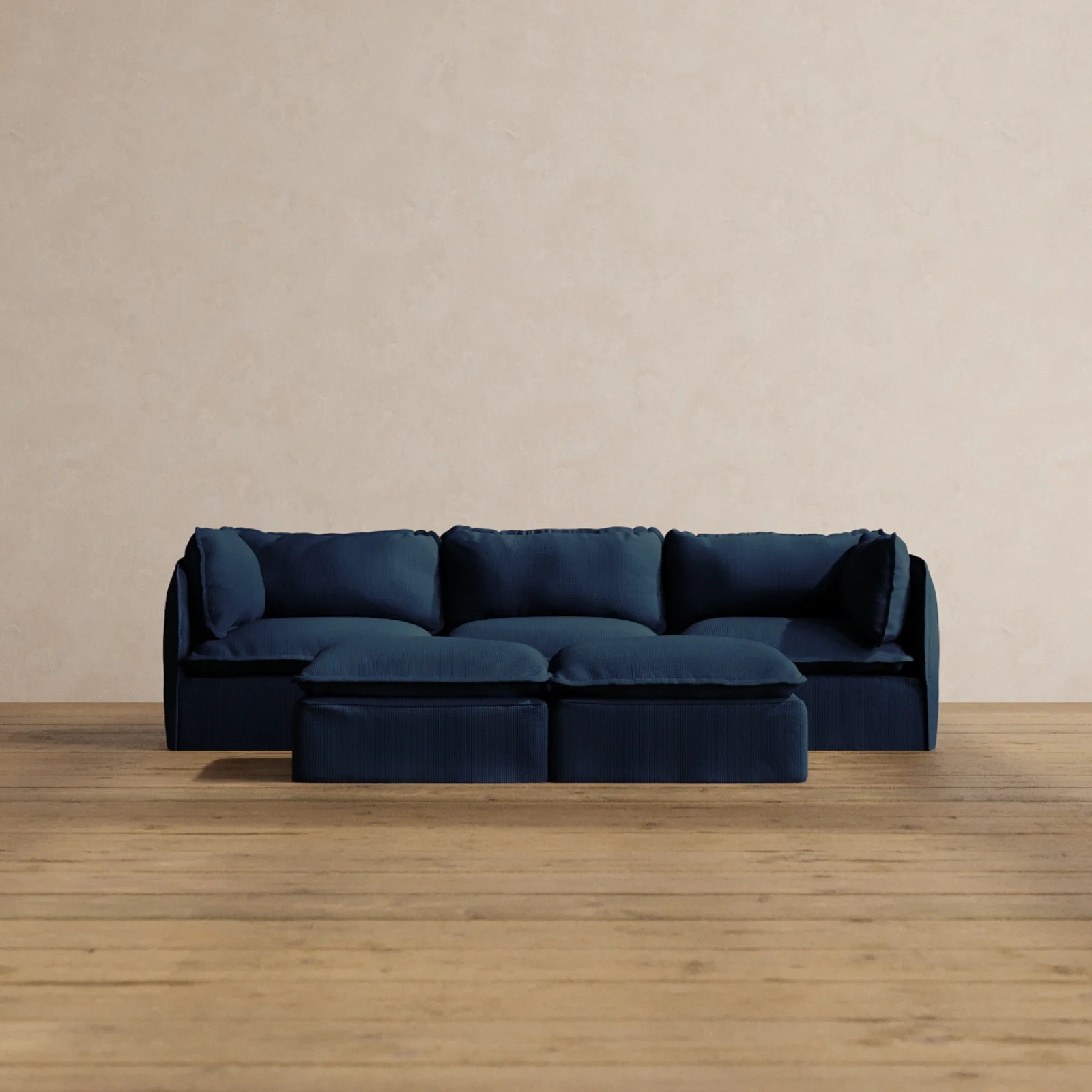 Modular Washable 3-Seater + Bench Ottoman in Sumi | Deluxe+ Seat | Cloud Pillow