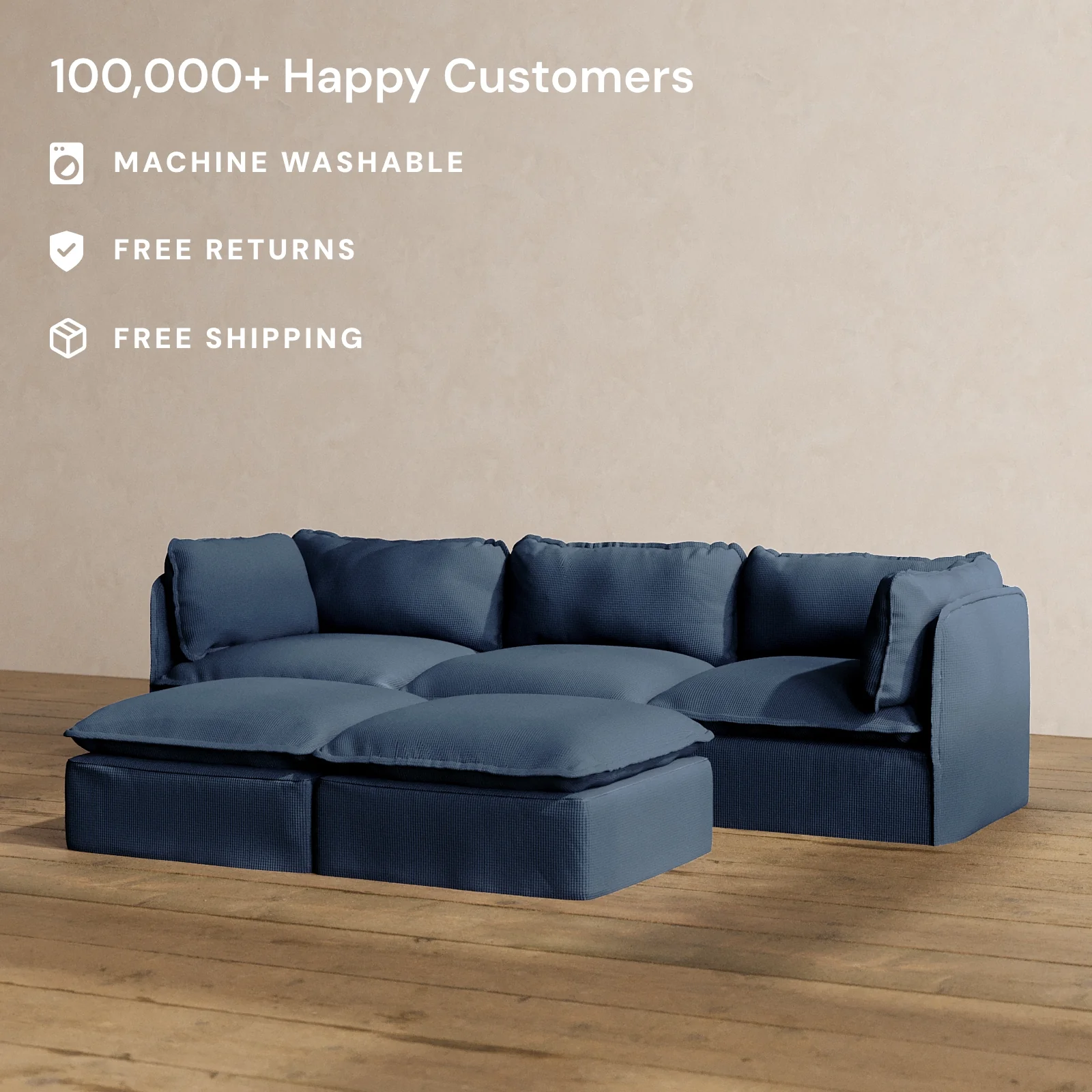 Modular Washable 3-Seater + Bench Ottoman in Sumi | Deluxe+ Seat | Cloud Pillow - Image 2