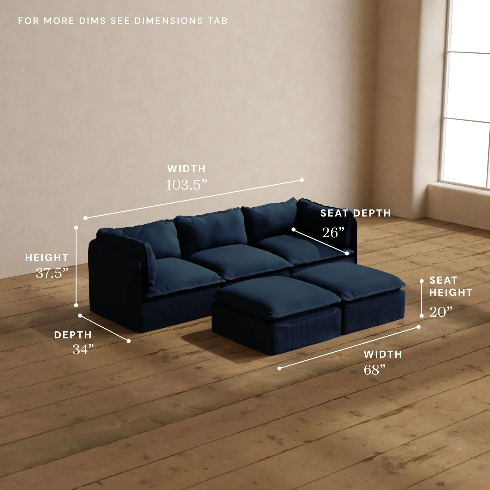 Modular Washable 3-Seater + Bench Ottoman in Sumi | Deluxe+ Seat | Cloud Pillow - Image 5