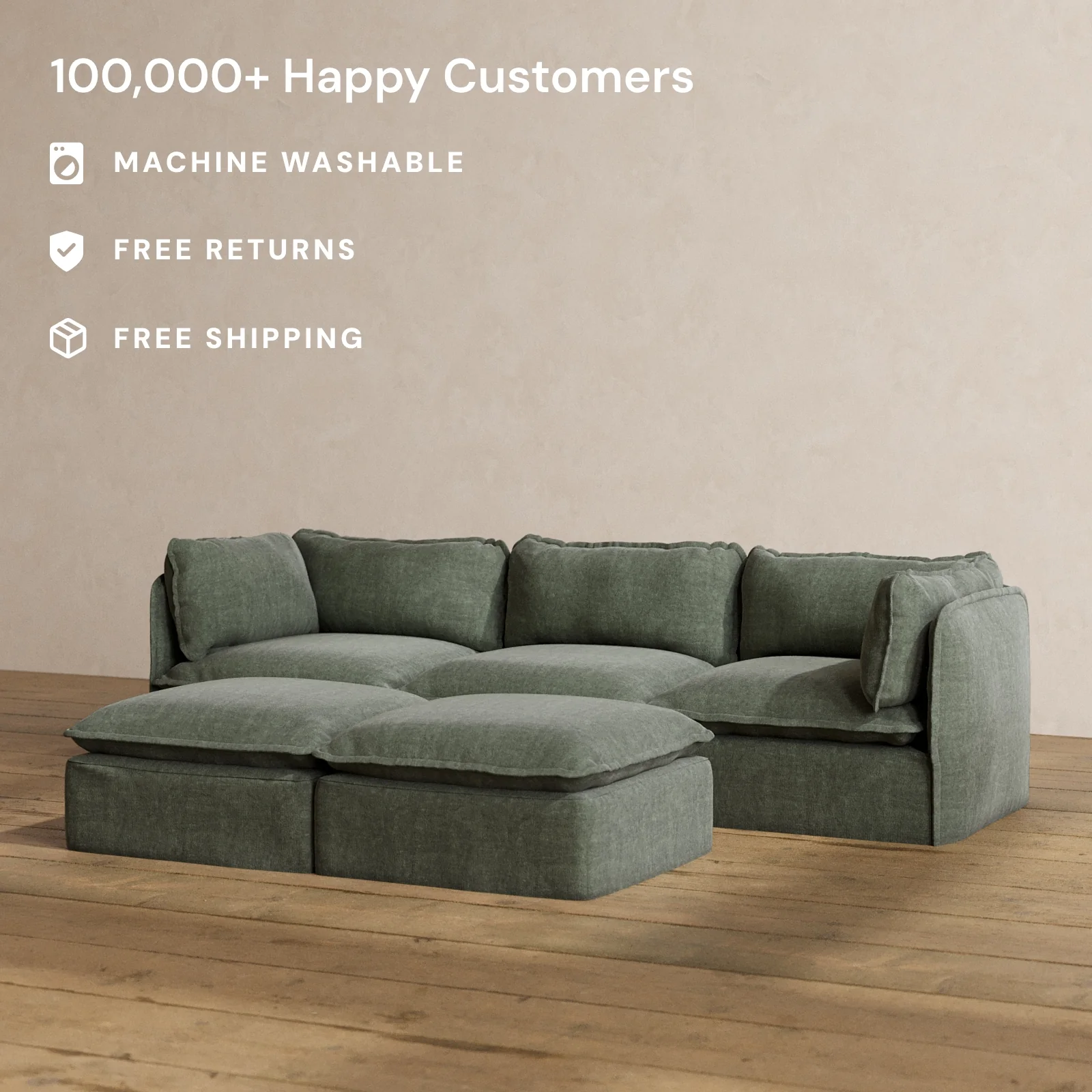 Modular Washable 3-Seater + Bench Ottoman in Willow | Memorix+ Seat | Contour Pillow - Image 2