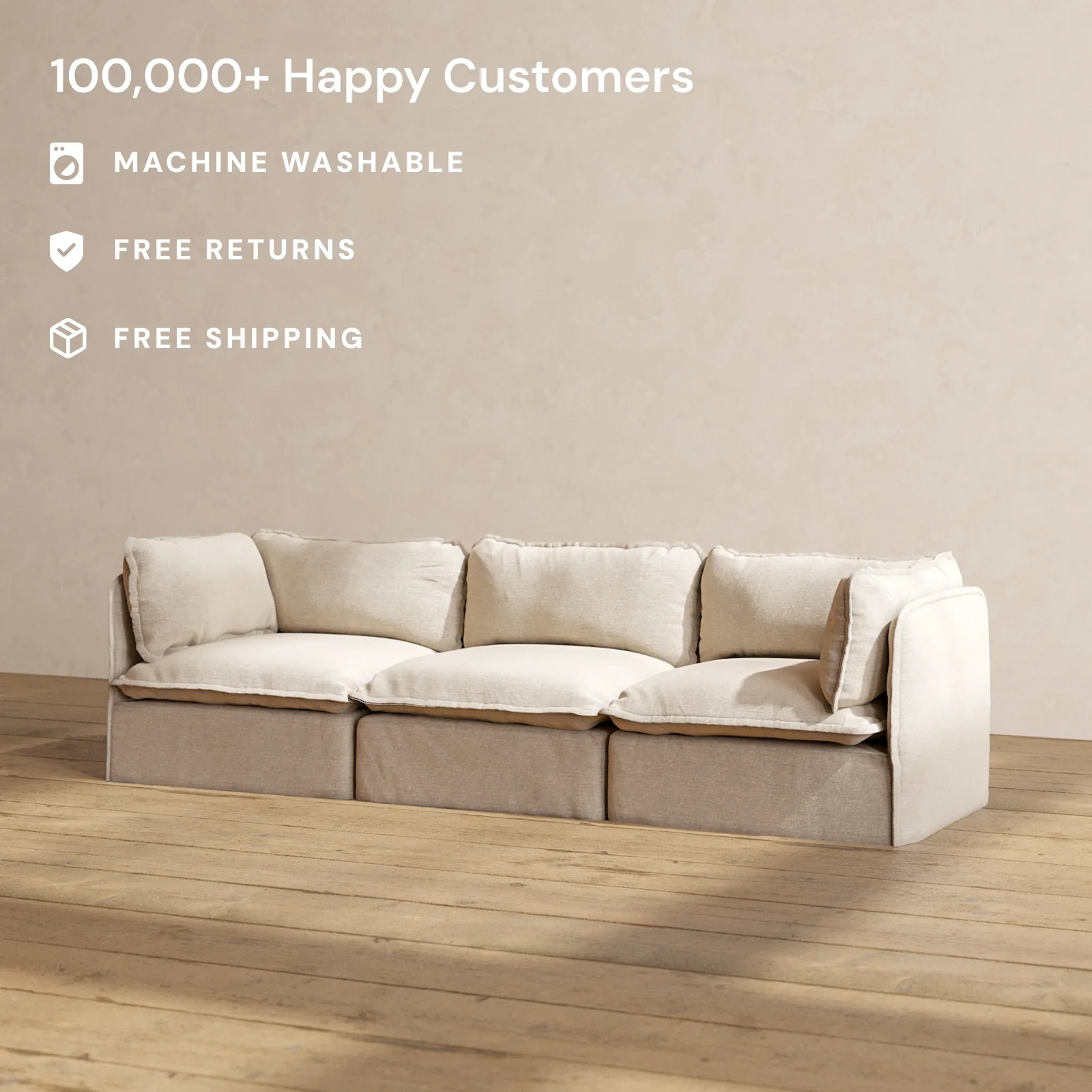 Modular Washable 3-Seater in Oat | Deluxe+ Seat | Cloud Pillow - Image 2