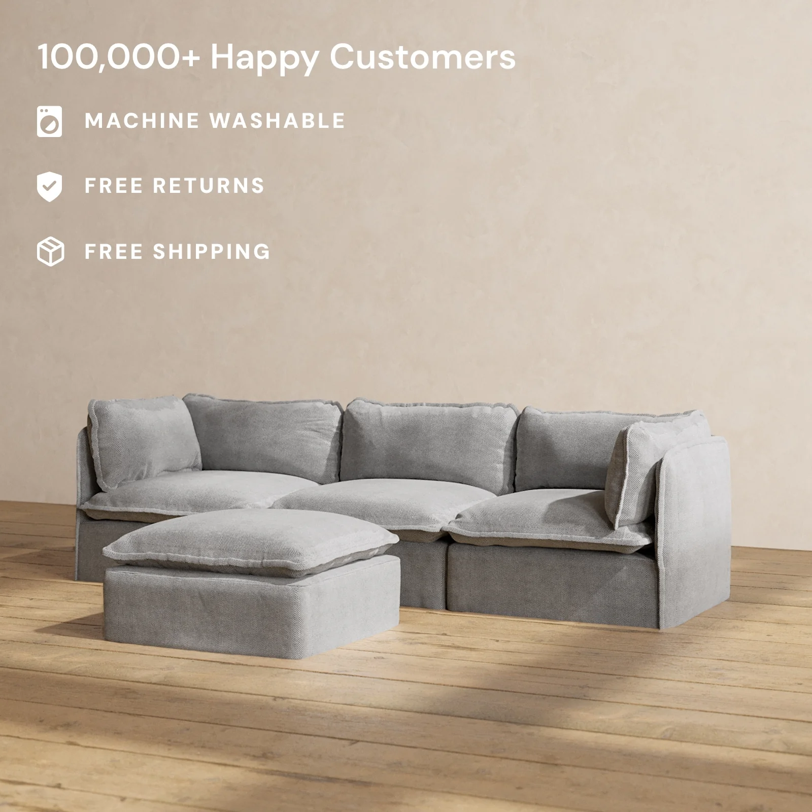 Modular Washable 3-Seater + Ottoman in Ash | Memorix+ Seat | Contour Pillow - Image 2