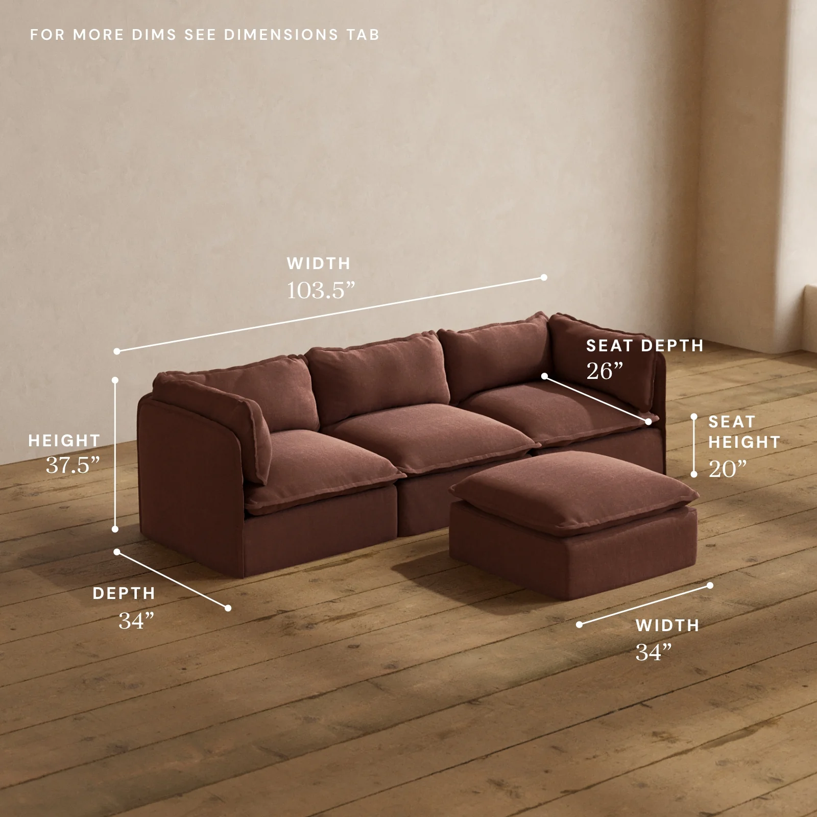 Modular Washable 3-Seater + Ottoman in Chestnut | Memorix+ Seat | Contour Pillow - Image 5
