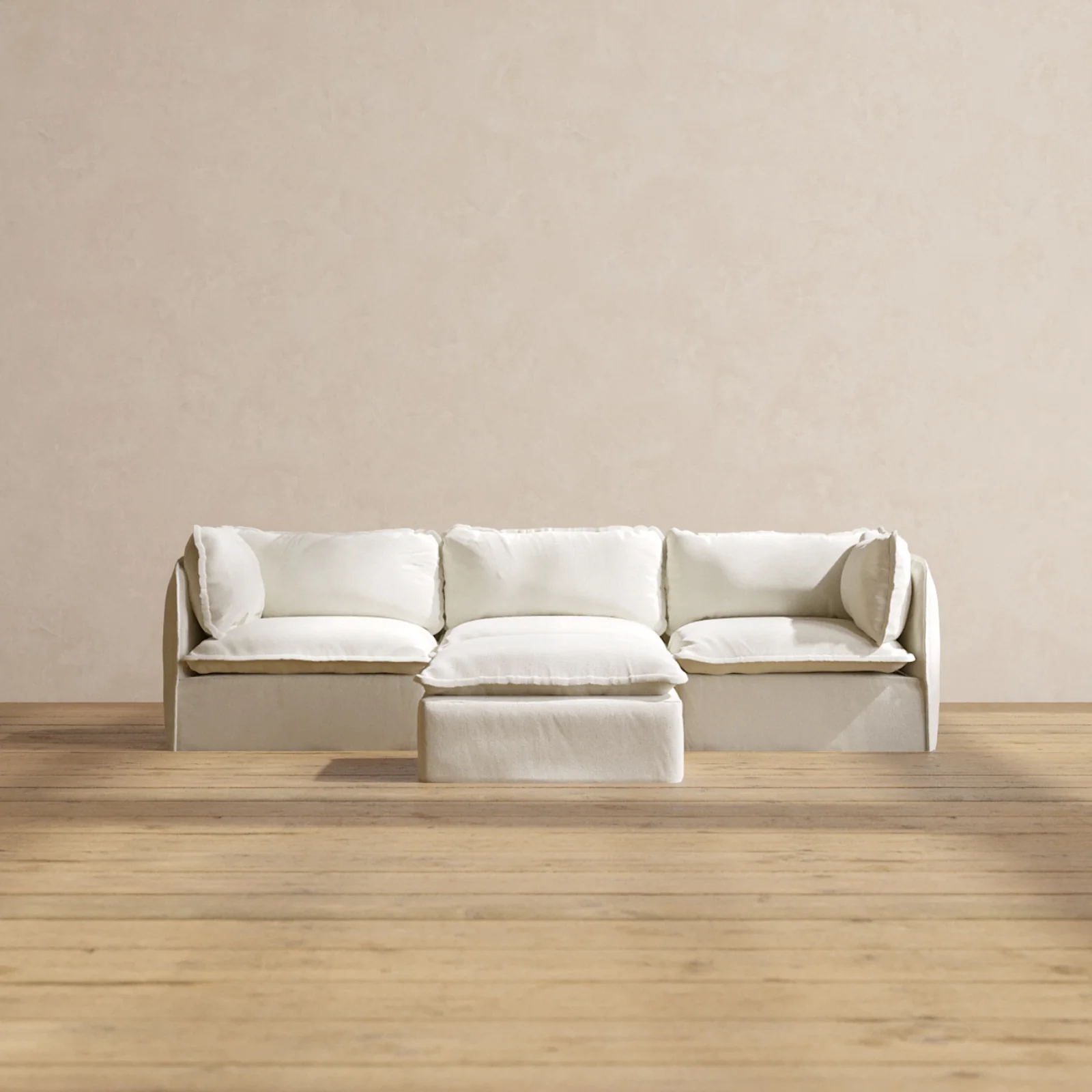 Modular Washable 3-Seater + Ottoman in Eggshell | Deluxe+ Seat | Cloud Pillow