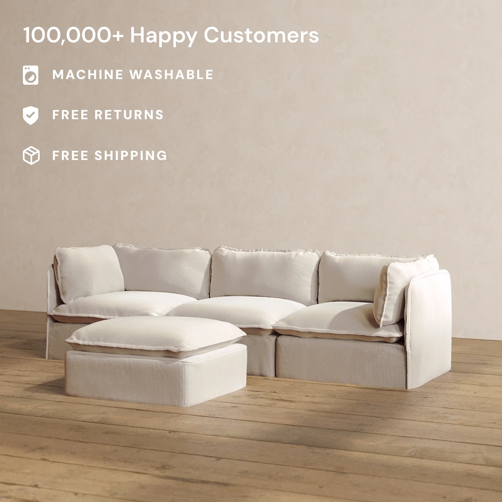 Modular Washable 3-Seater + Ottoman in Milk | Deluxe+ Seat | Cloud Pillow - Image 2
