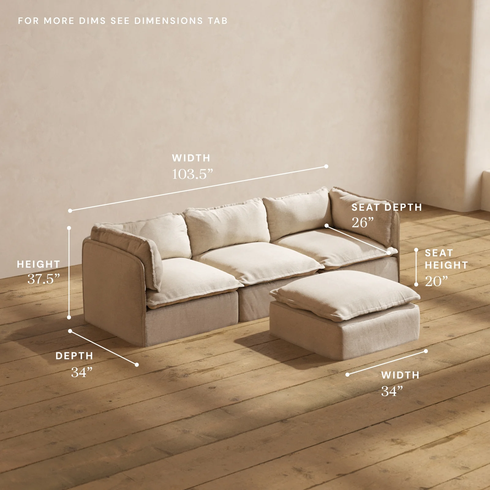 Modular Washable 3-Seater + Ottoman in Oat | Deluxe+ Seat | Cloud Pillow - Image 5