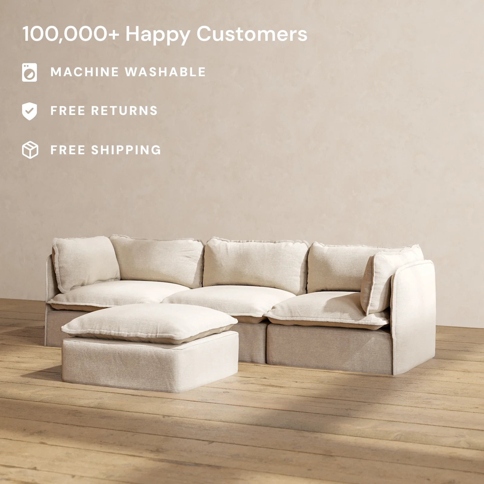 Modular Washable 3-Seater + Ottoman in Oat | Memorix+ Seat | Contour Pillow - Image 2