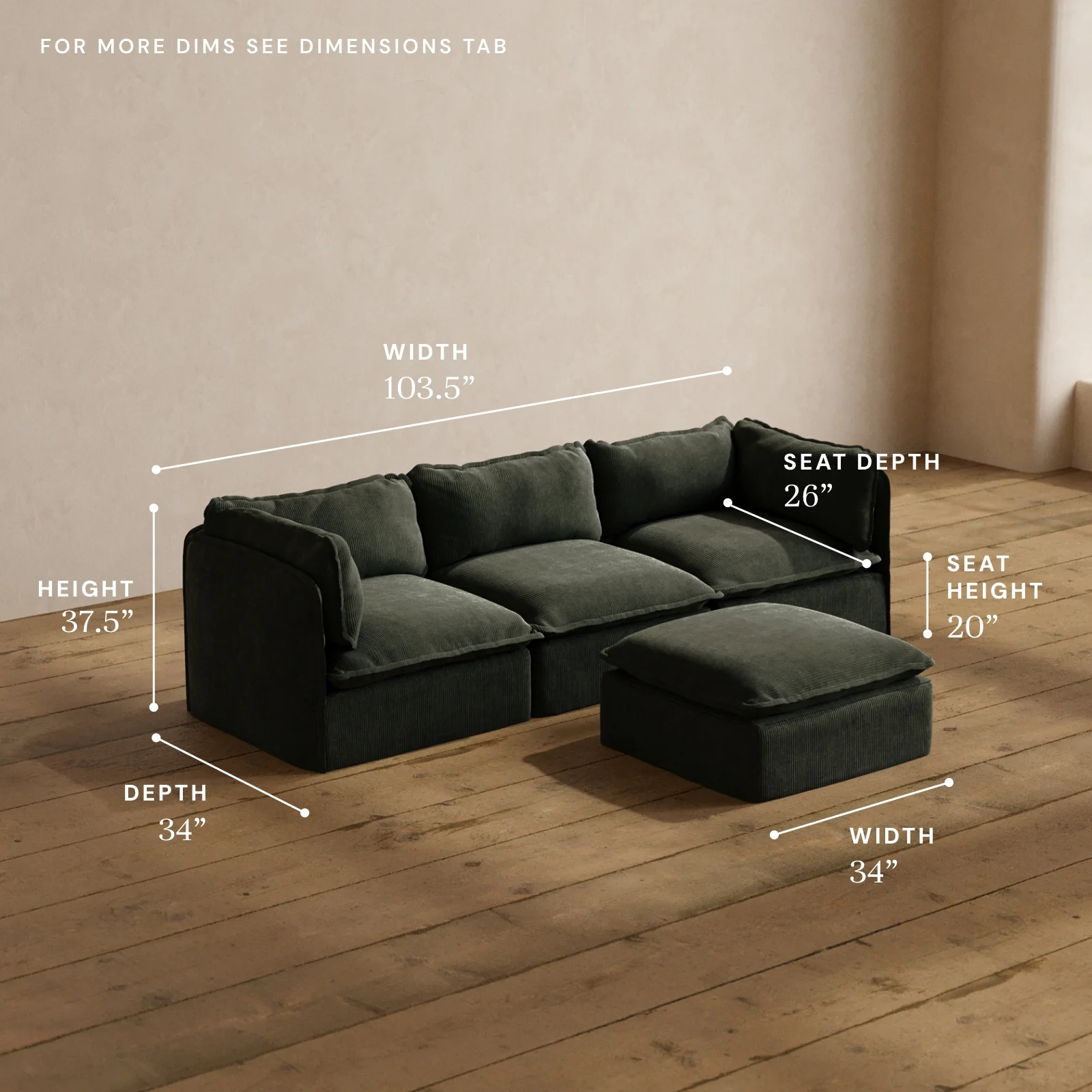 Modular Washable 3-Seater + Ottoman in Olivine | Deluxe+ Seat | Cloud Pillow - Image 5