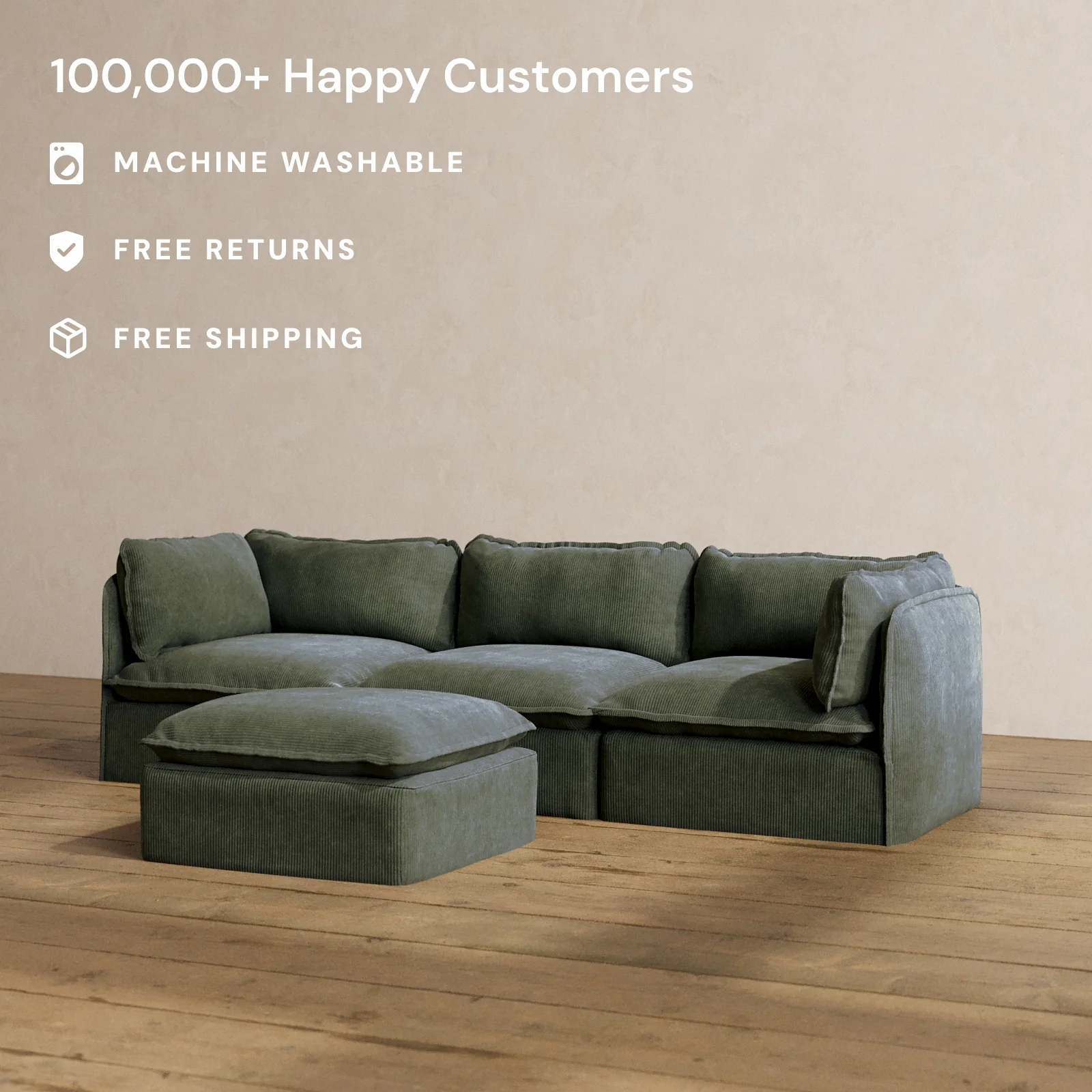 Modular Washable 3-Seater + Ottoman in Olivine | Memorix+ Seat | Contour Pillow - Image 2