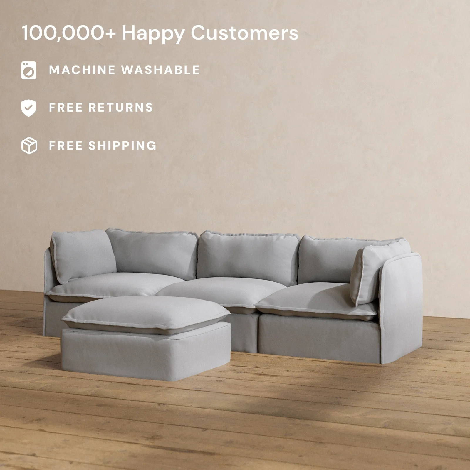 Modular Washable 3-Seater + Ottoman in Pumice | Memorix+ Seat | Contour Pillow - Image 2