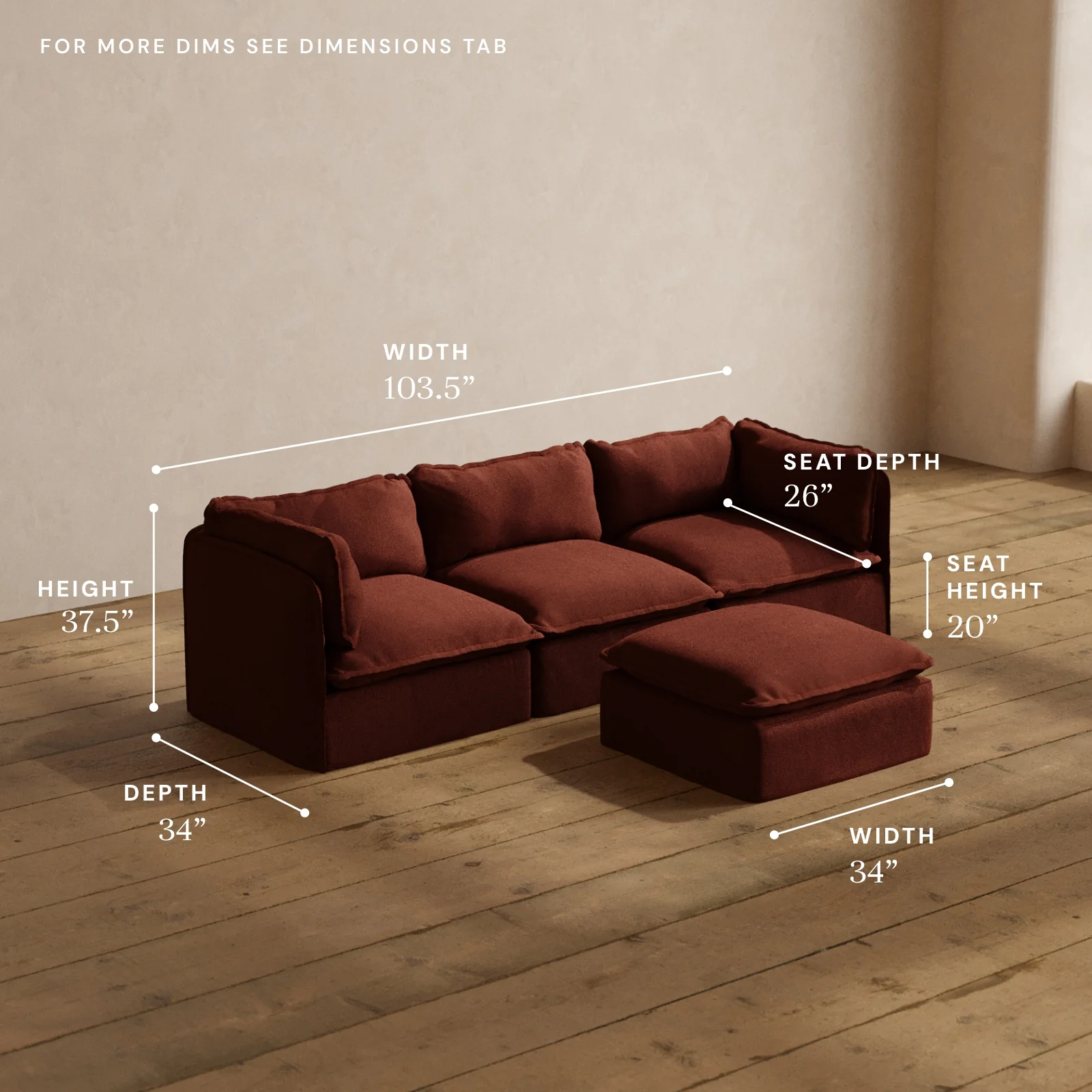 Modular Washable 3-Seater + Ottoman in Rust | Deluxe+ Seat | Cloud Pillow - Image 5