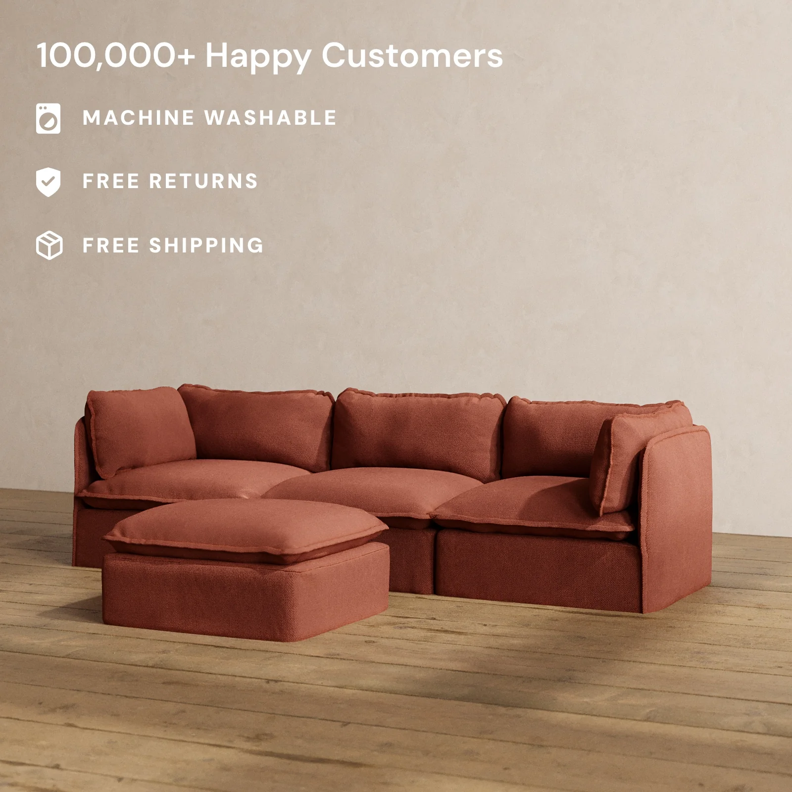 Modular Washable 3-Seater + Ottoman in Rust | Memorix+ Seat | Contour Pillow - Image 2