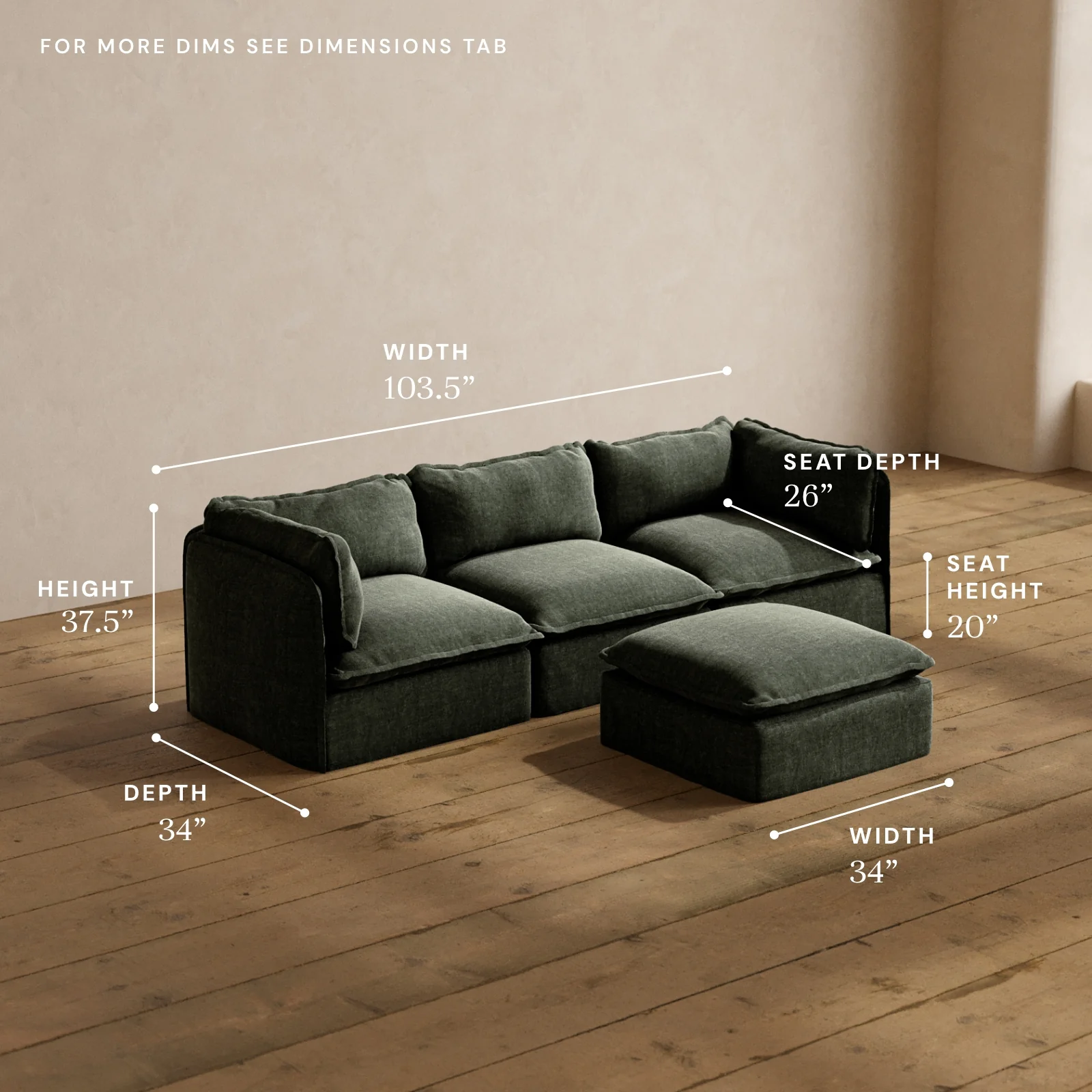 Modular Washable 3-Seater + Ottoman in Willow | Deluxe+ Seat | Cloud Pillow - Image 5