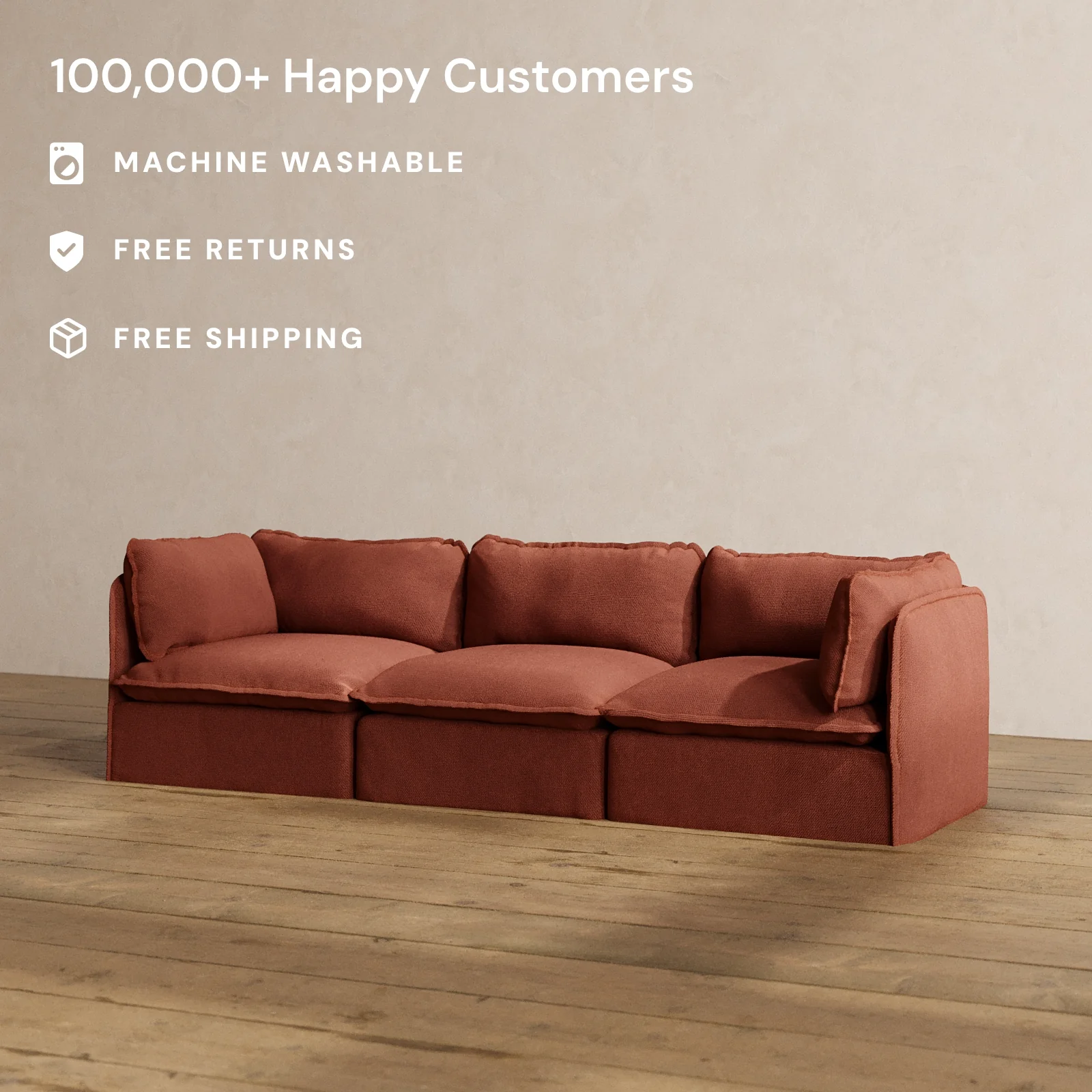 Modular Washable 3-Seater in Rust | Deluxe+ Seat | Cloud Pillow - Image 2