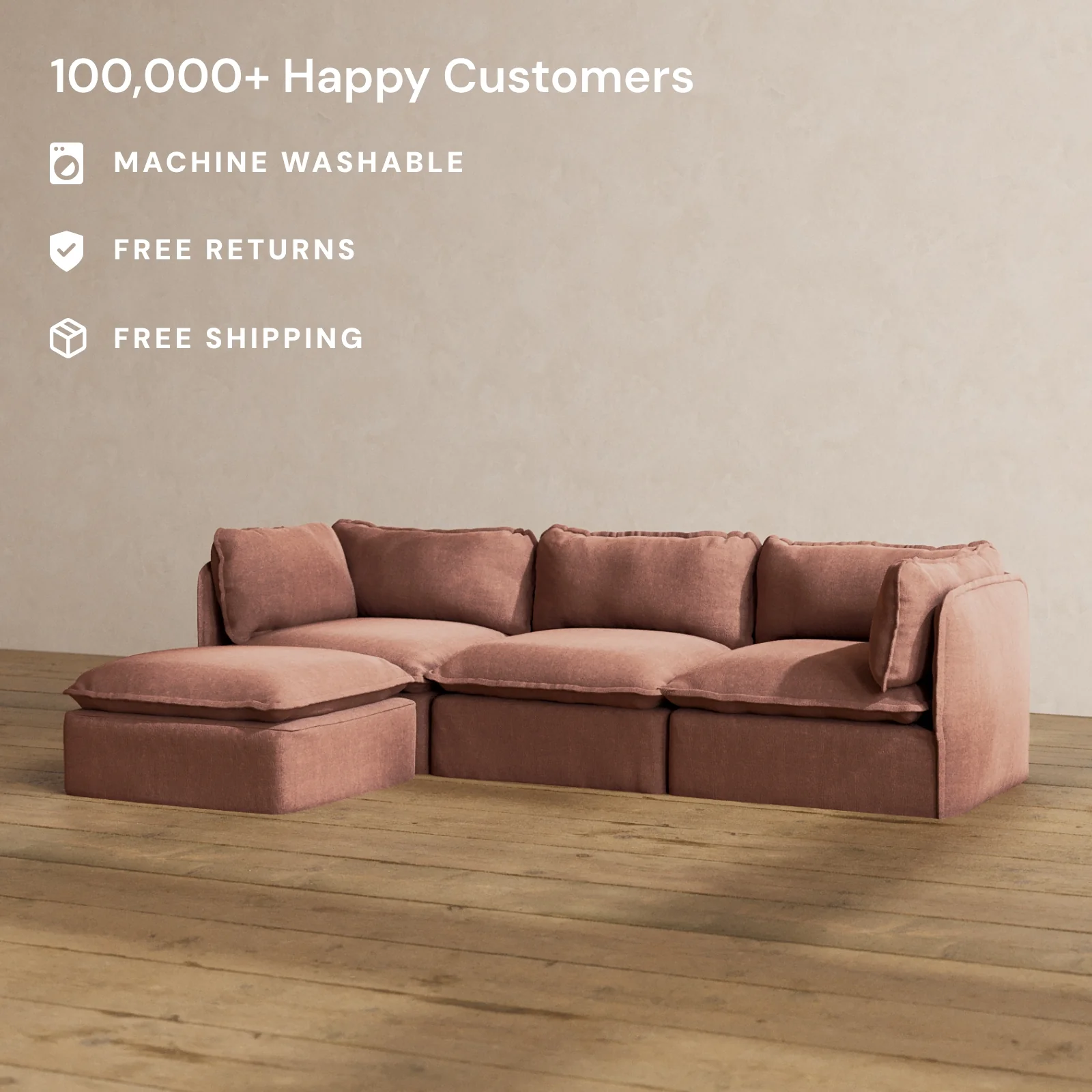 Modular Washable 3-Seater Sectional in Chestnut | Deluxe+ Seat | Cloud Pillow - Image 2
