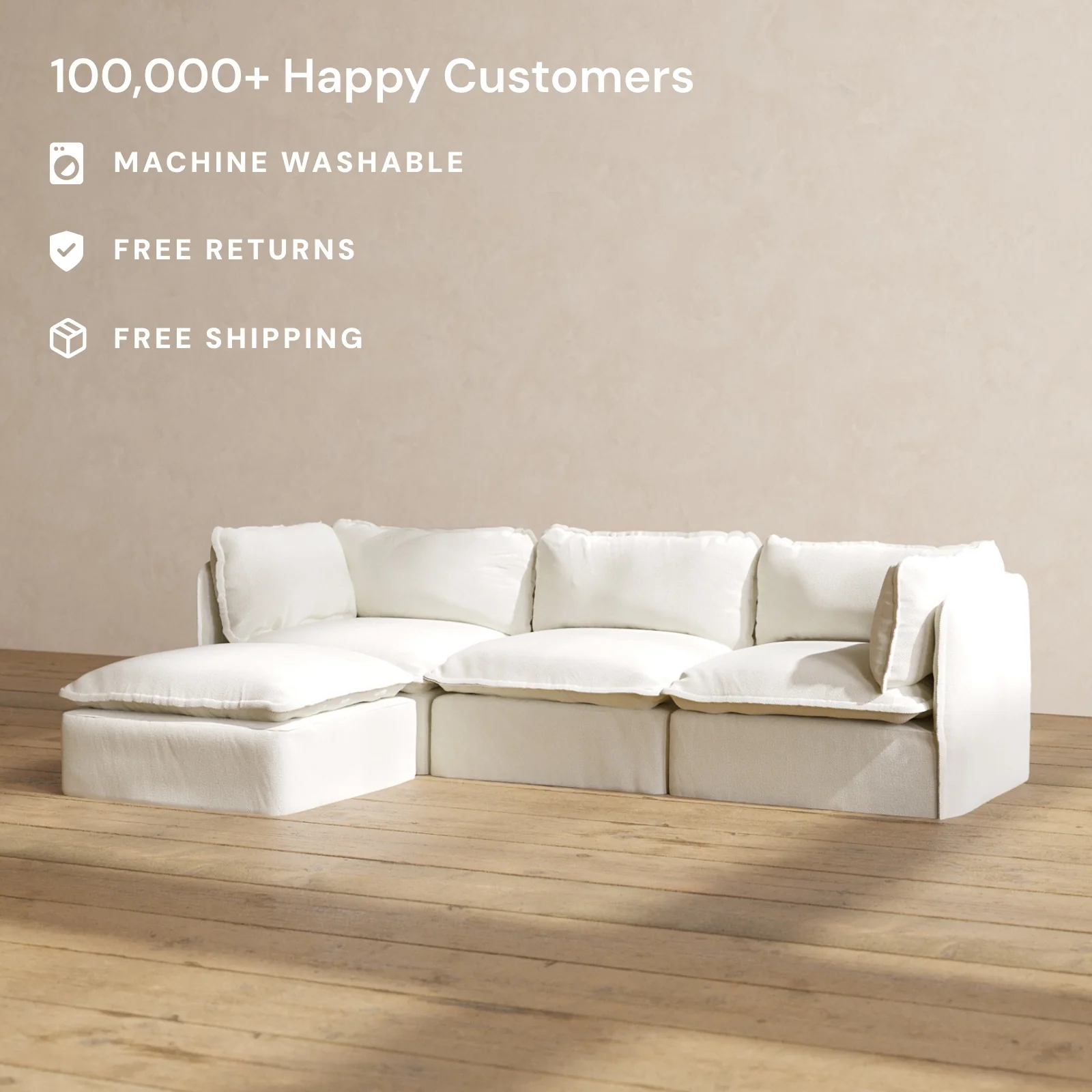 Modular Washable 3-Seater Sectional in Eggshell | Deluxe+ Seat | Cloud Pillow - Image 2