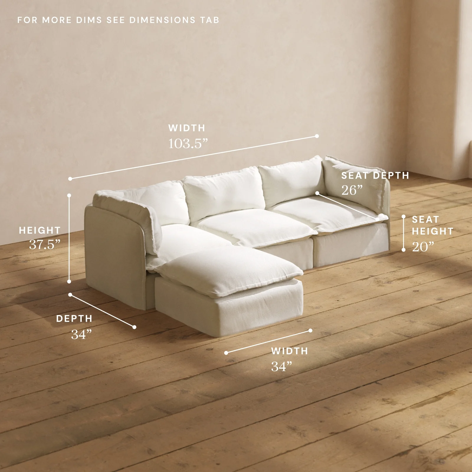 Modular Washable 3-Seater Sectional in Eggshell | Deluxe+ Seat | Cloud Pillow - Image 5