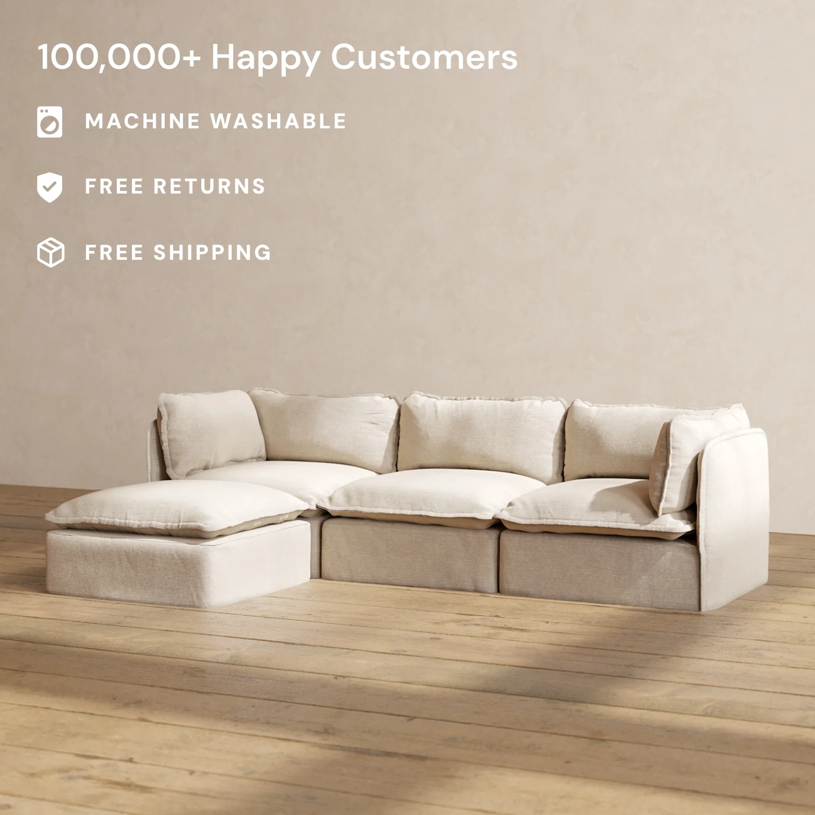 Modular Washable 3-Seater Sectional in Oat | Deluxe+ Seat | Cloud Pillow - Image 2